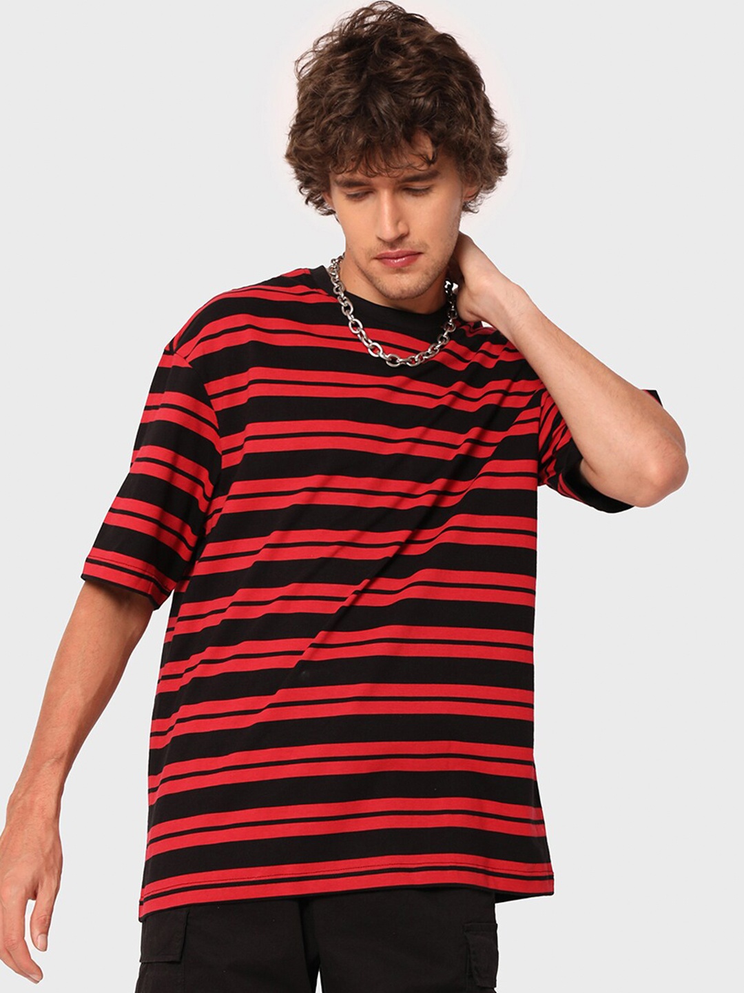 

Bewakoof Men Oversized Fit Striped T-shirt, Black