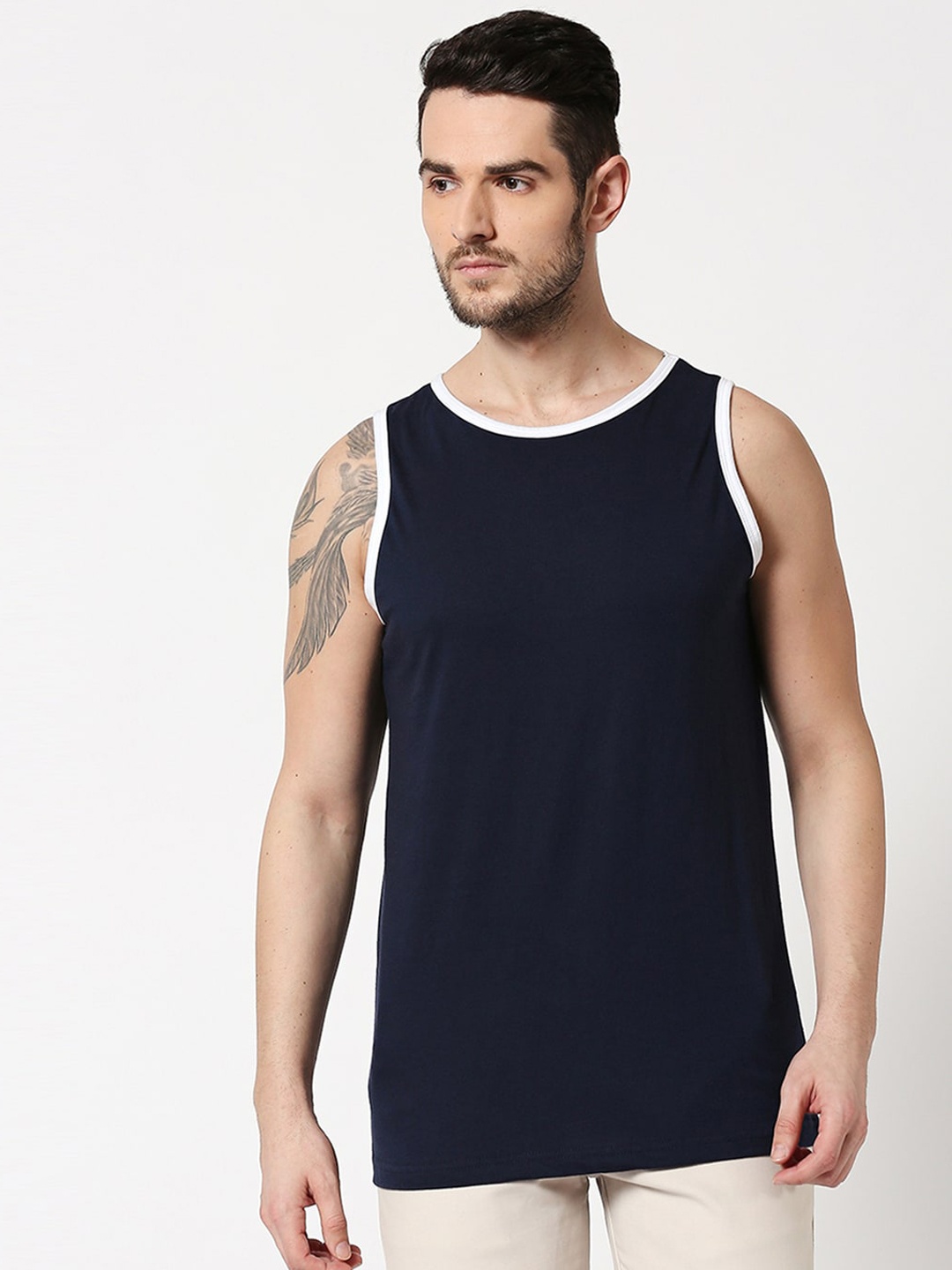 

Bewakoof Men Navy Blue Solid Pure Cotton Tank Innerwear Vest