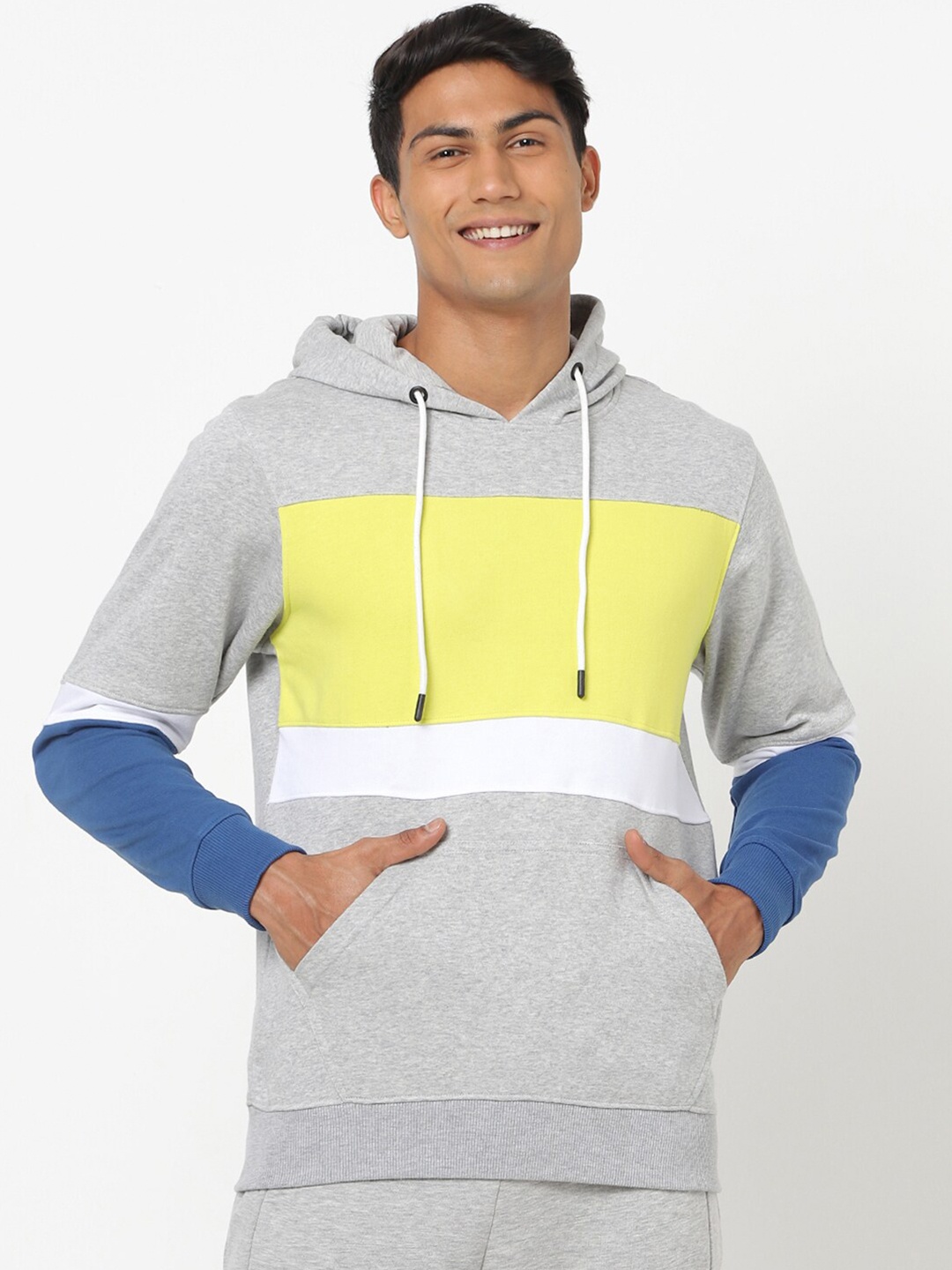 

Bewakoof Men Grey & Yellow Colourblocked Hooded Sweatshirt