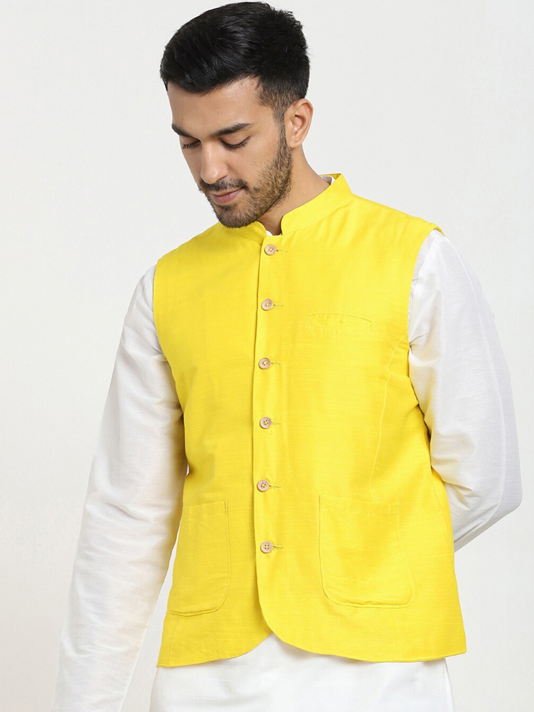

Bewakoof Men Yellow Solid Woven Nehru Jacket