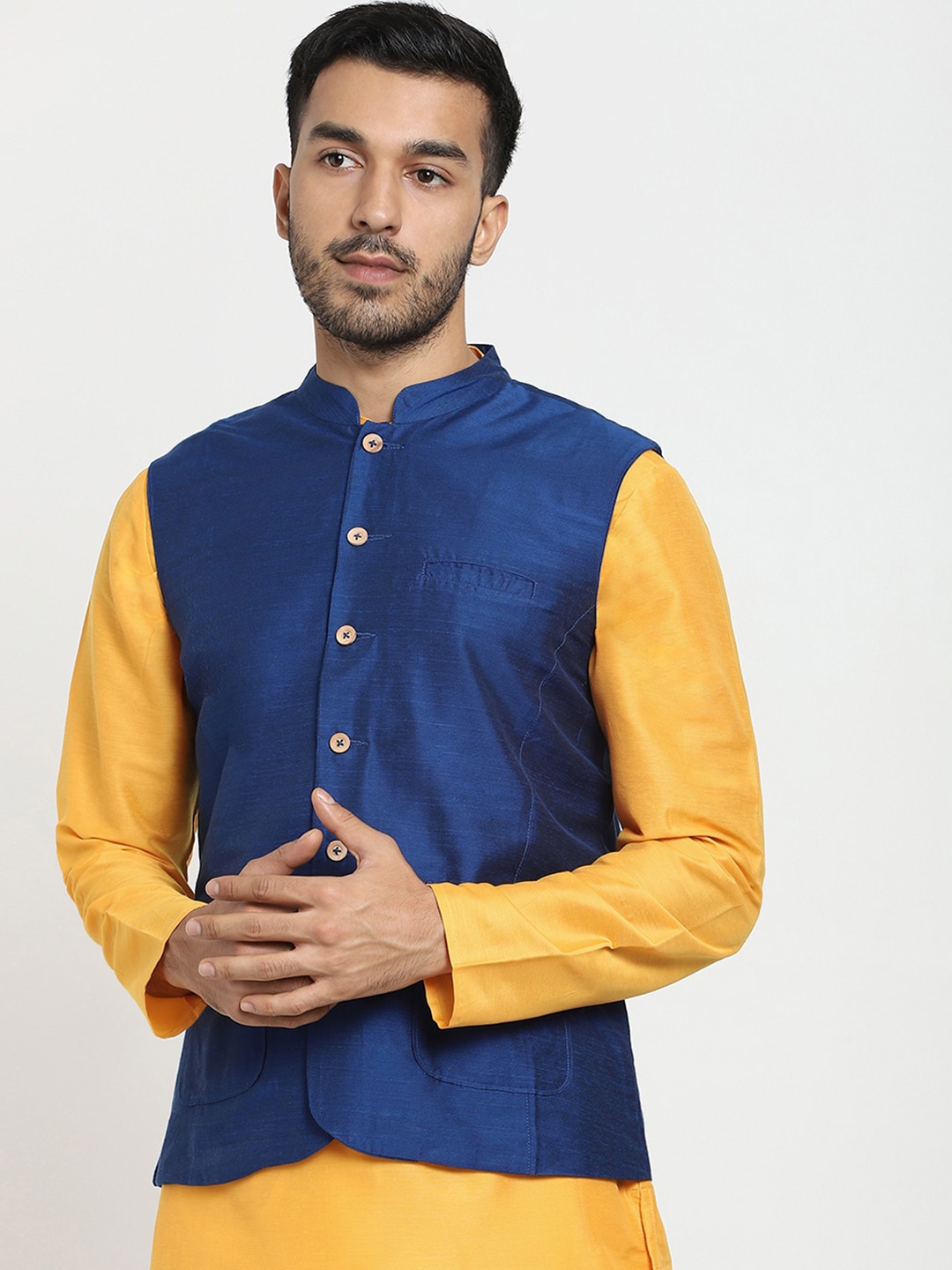 

Bewakoof Men Blue Solid Woven Nehru Jacket