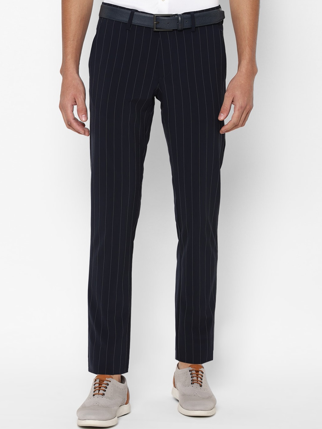 

Allen Solly Men Navy Blue Striped Slim Fit Trousers
