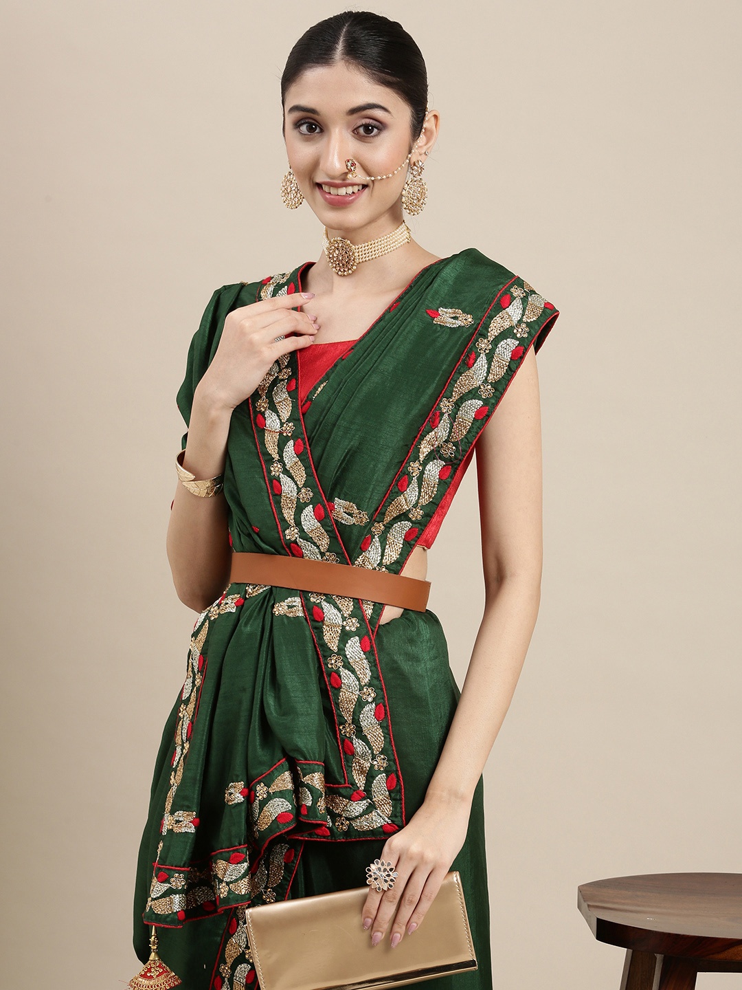 

PERFECTBLUE Green & Green Embellished & Embroidered Silk Blend Saree