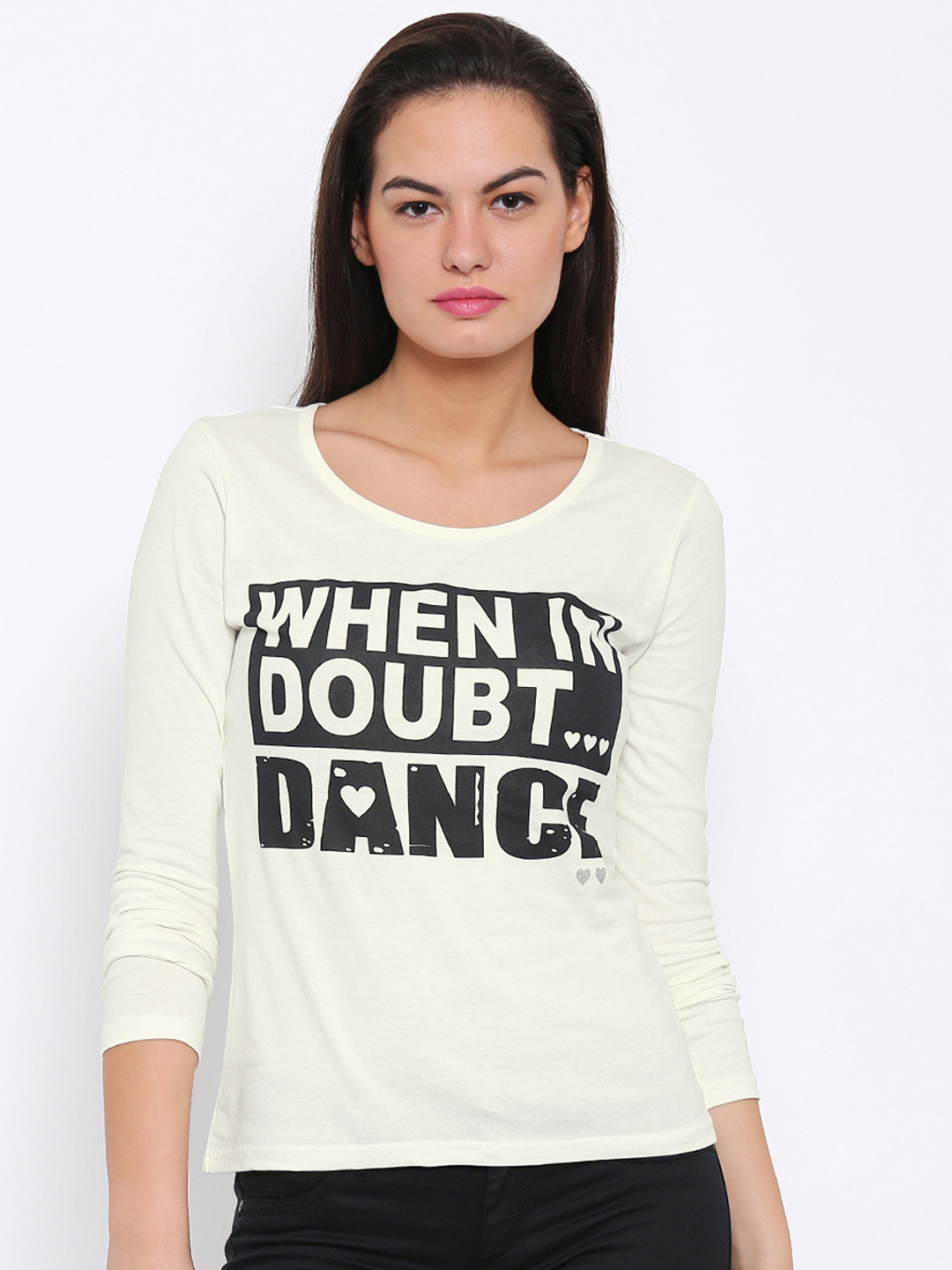 

Flying Machine Women Off-White Printed Round Neck Pure Cotton T-shirt