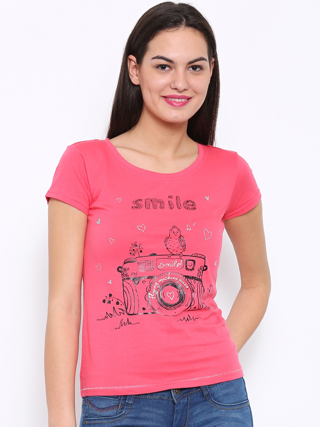 

Flying Machine Women Pink Printed Round Neck Pure Cotton T-shirt