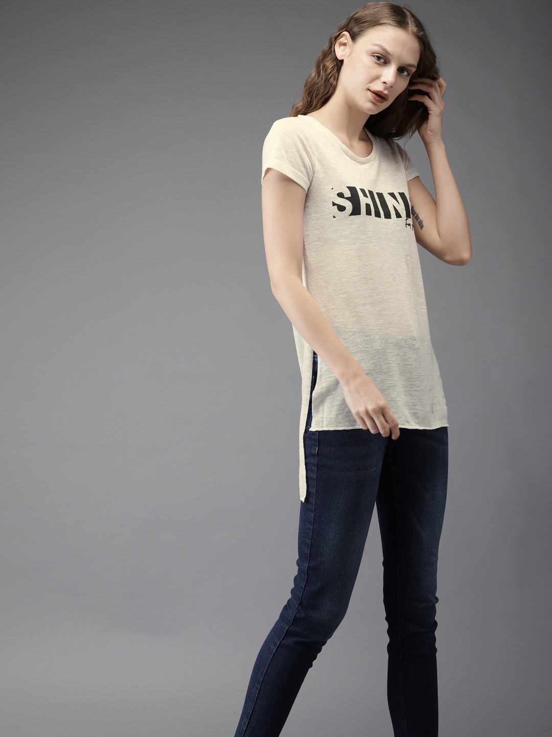 

Flying Machine Women Off-White Printed Round Neck High-Low Sheer T-shirt