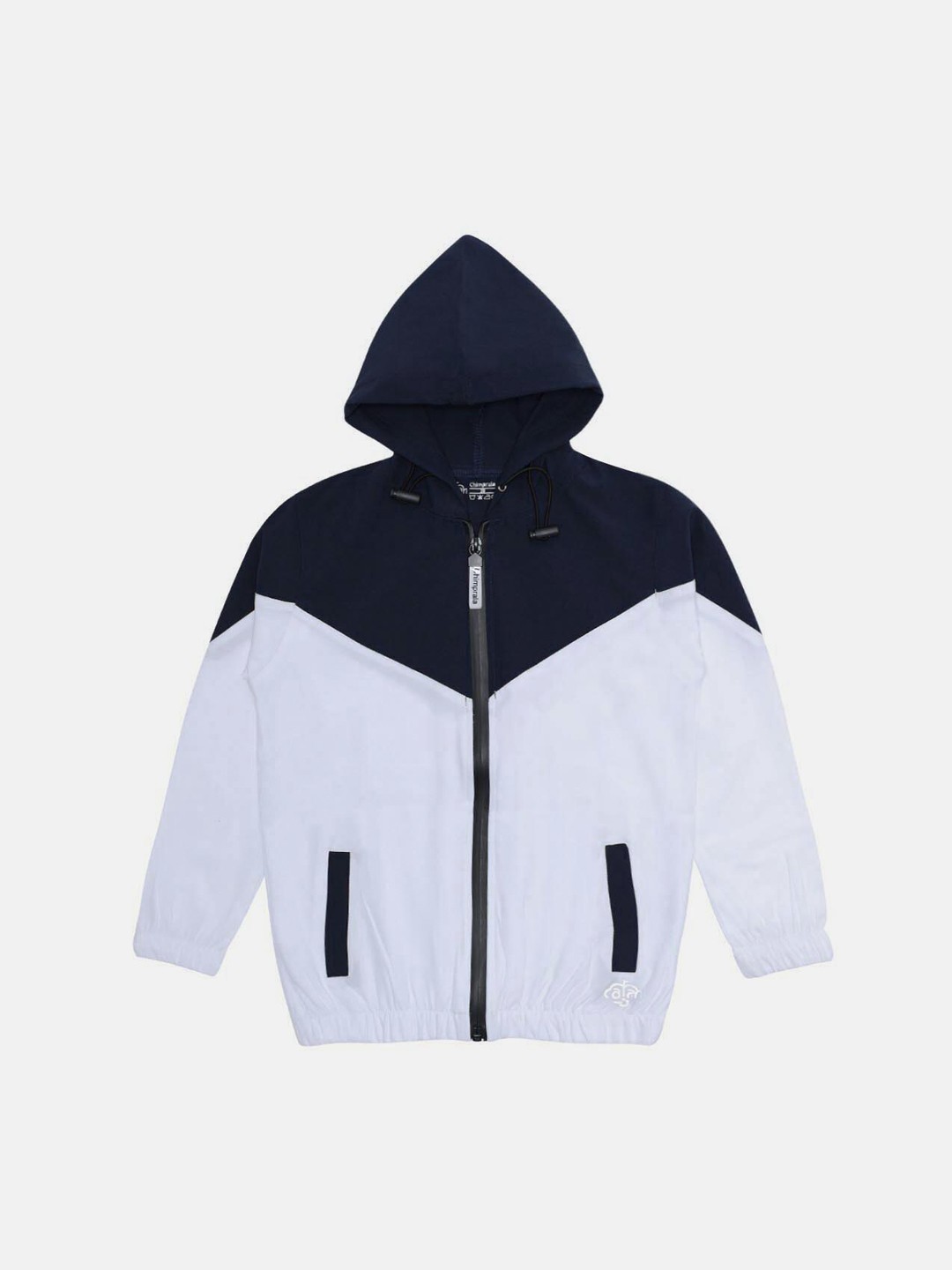 

CHIMPRALA Girls Navy Blue Colourblocked Fleece Antimicrobial Crop Padded Jacket