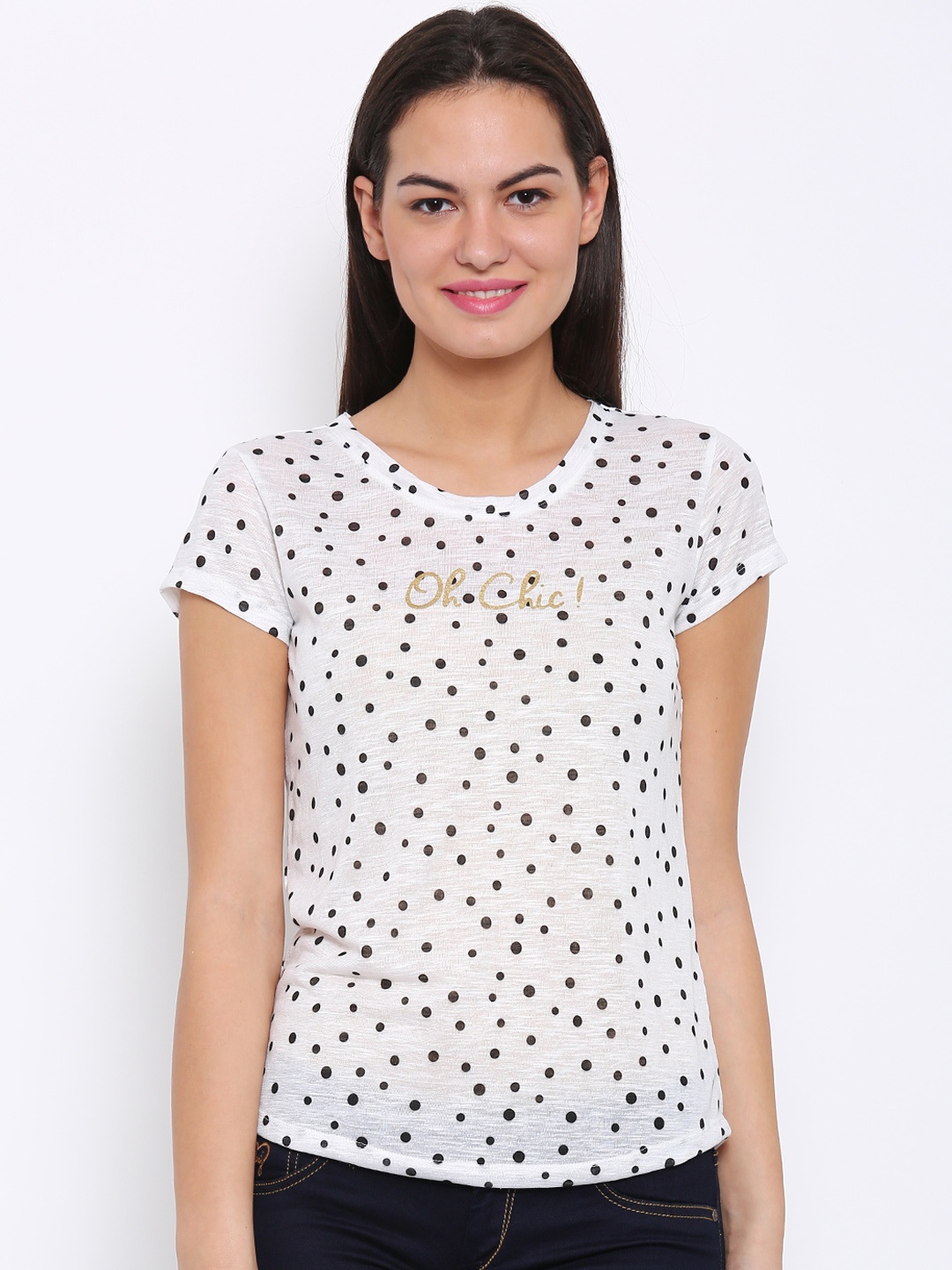 

Flying Machine Women White Polka Dot Print Top