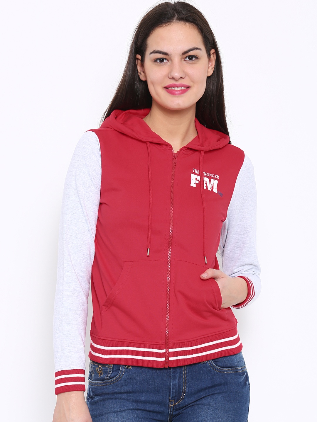 

Flying Machine Red & Grey Melange Colourblock Hooded Sweatshirt