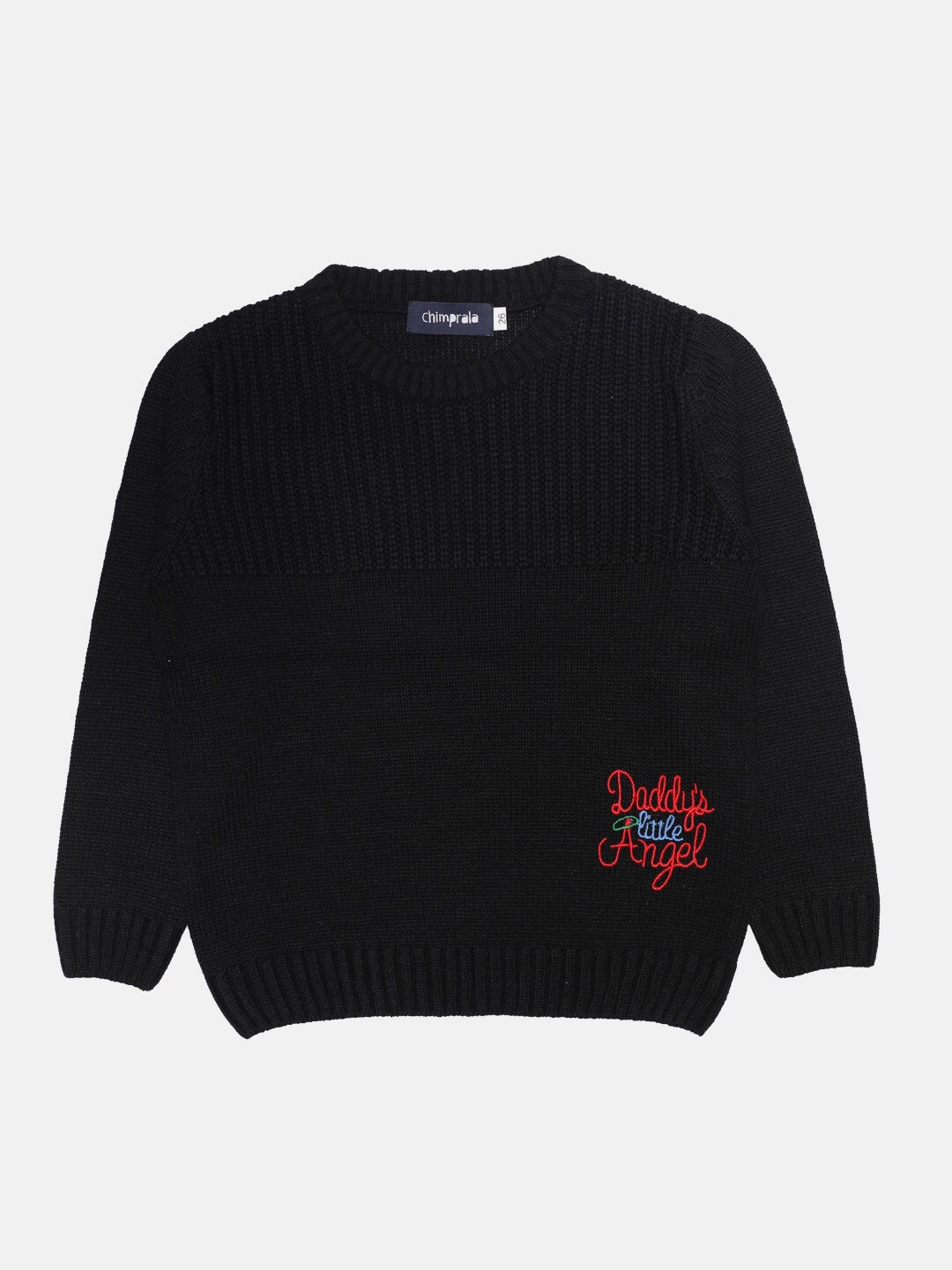 

CHIMPRALA Girls Black & Red Typography Wool Pullover