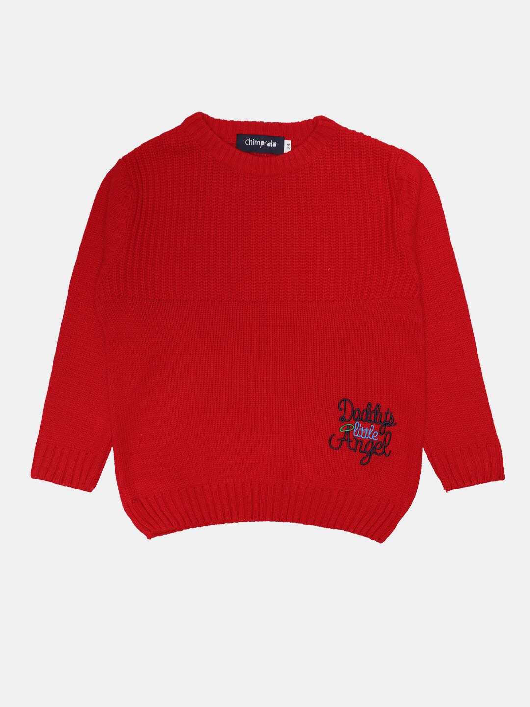 

CHIMPRALA Girls Red Typography Embroidered Woolen Pullover