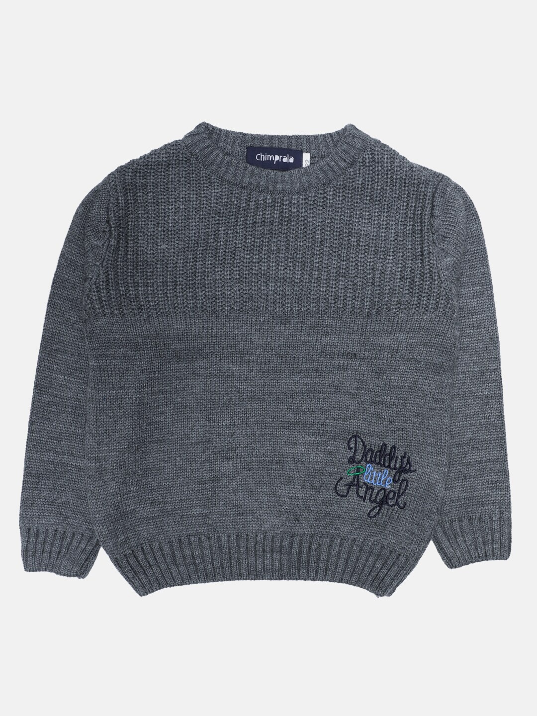 

CHIMPRALA Girls Grey Woolen Typography Embroidered Pullover