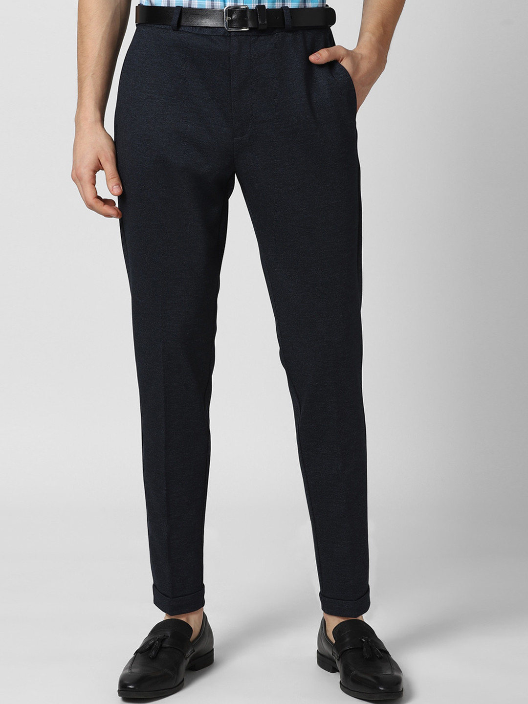 

Peter England Men Navy Blue Textured Slim Fit Trousers