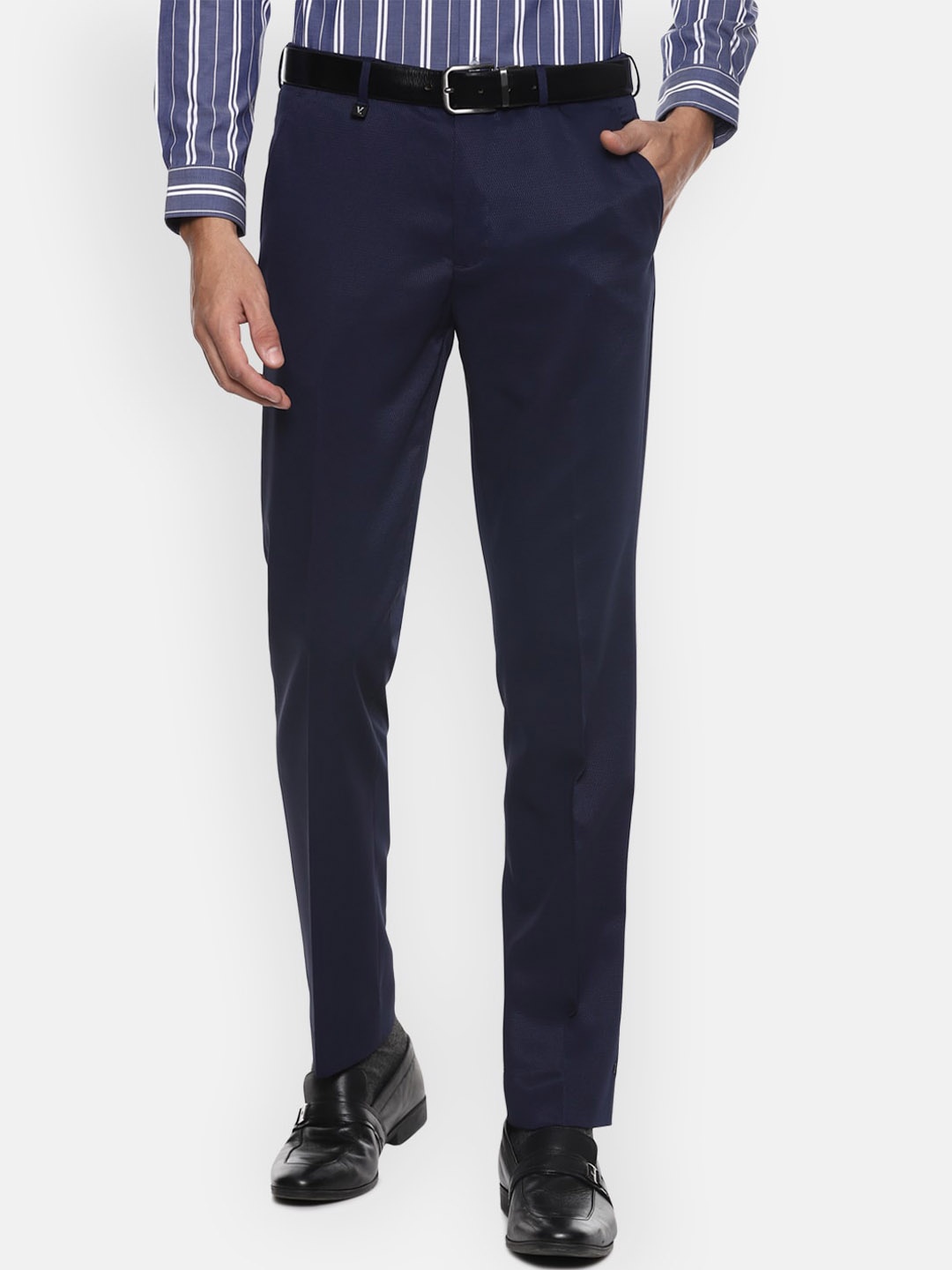 

V Dot Men Navy Blue Textured Skinny Fit Trousers
