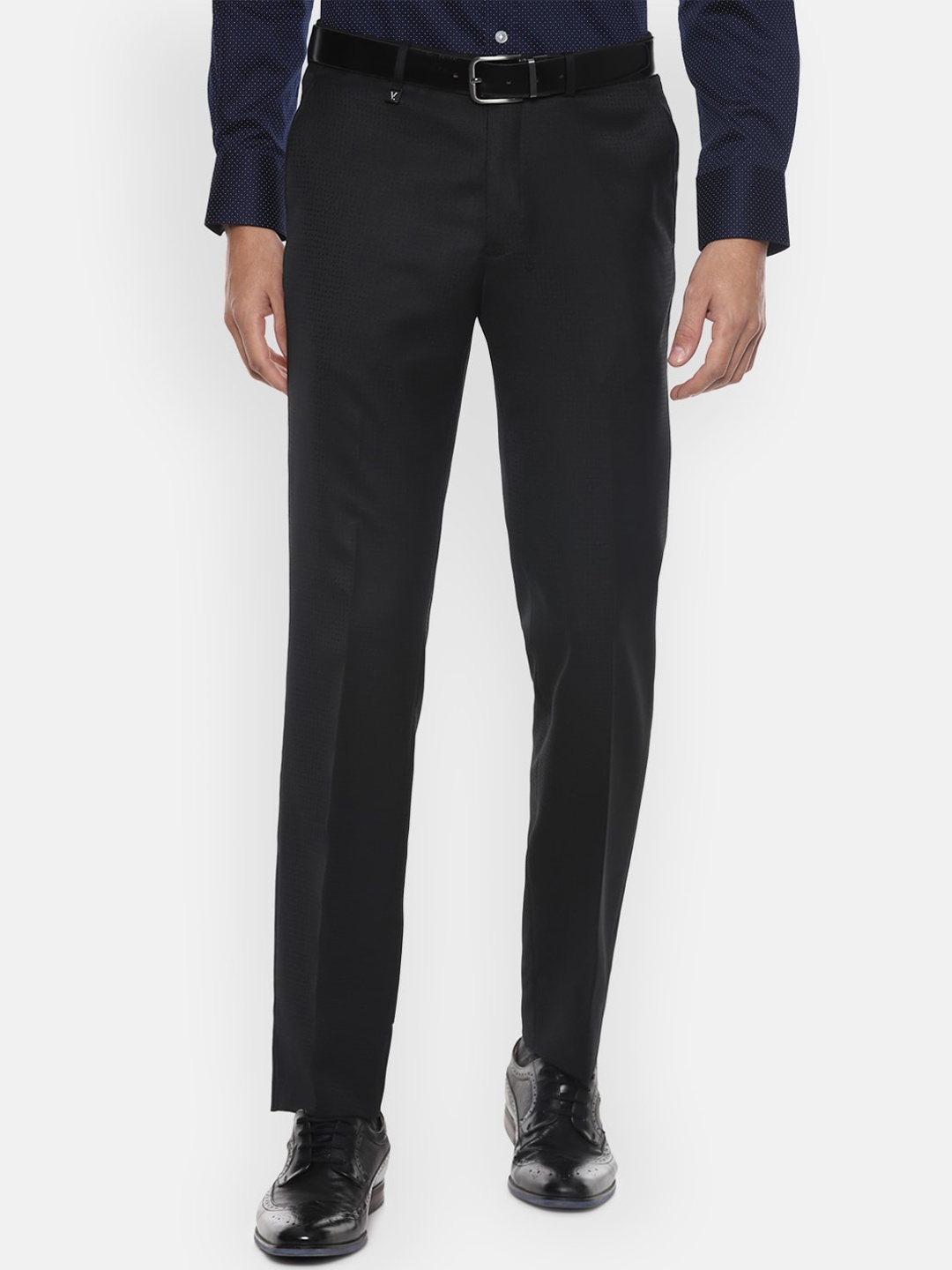 

V Dot Men Black Textured Slim Fit Trousers
