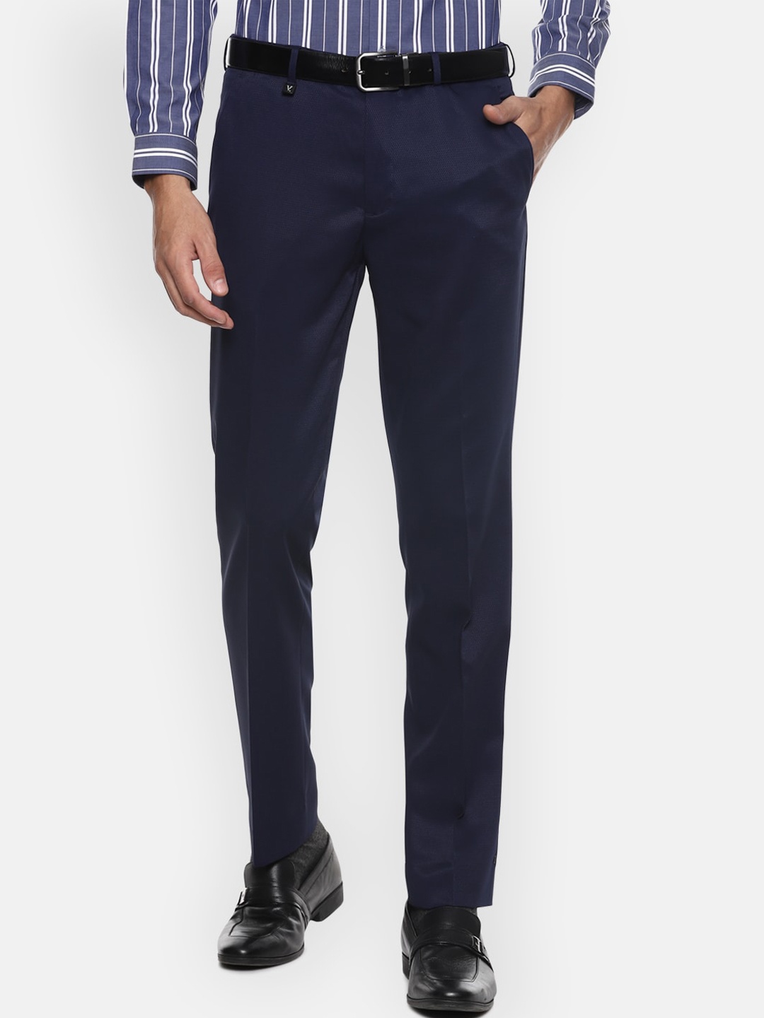 

V Dot Men Navy Blue Textured Skinny Fit Trousers