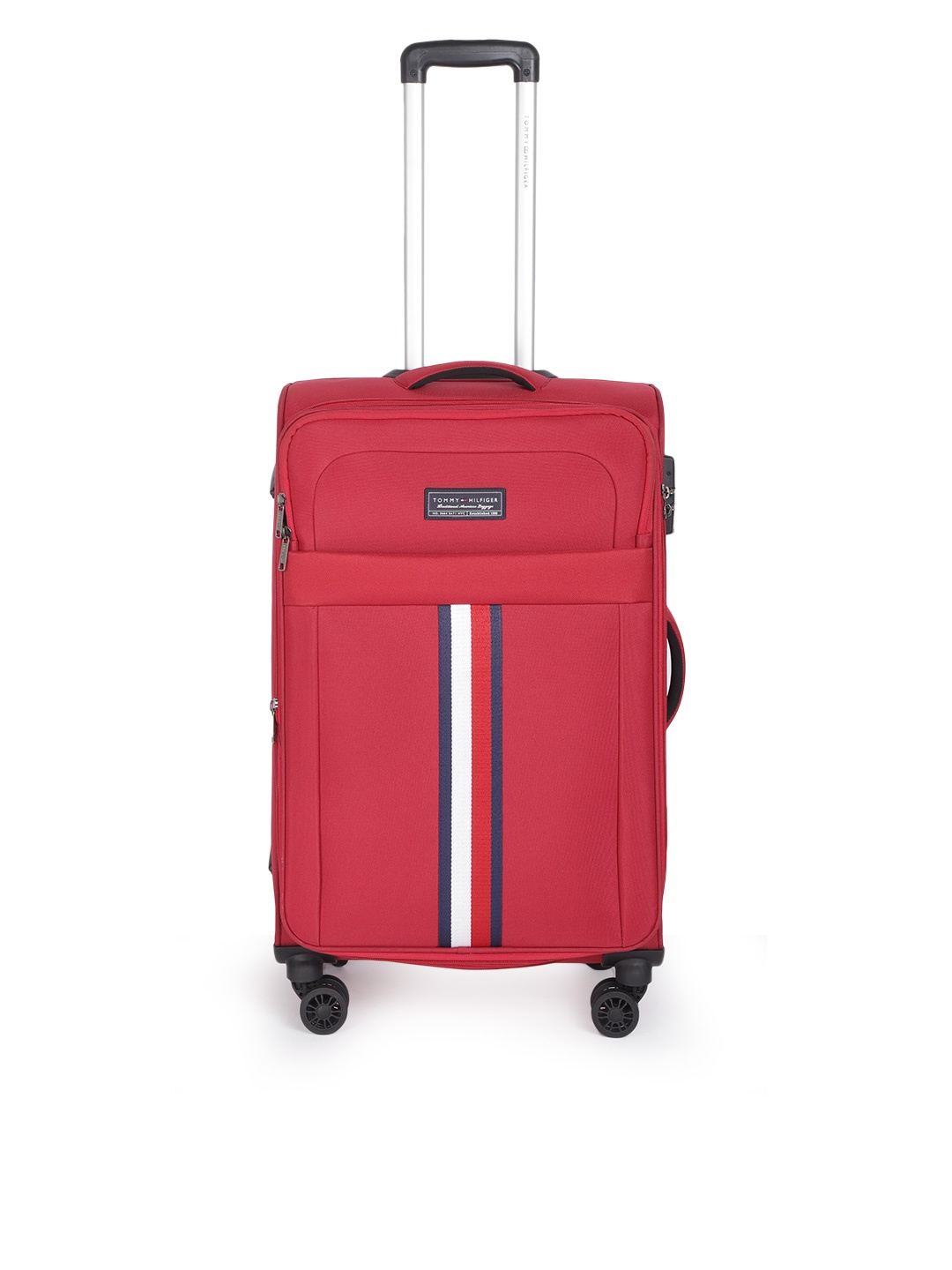 

Tommy Hilfiger Unisex Red & Navy Blue Brand Logo Medium Trolley Bag - 67Litres