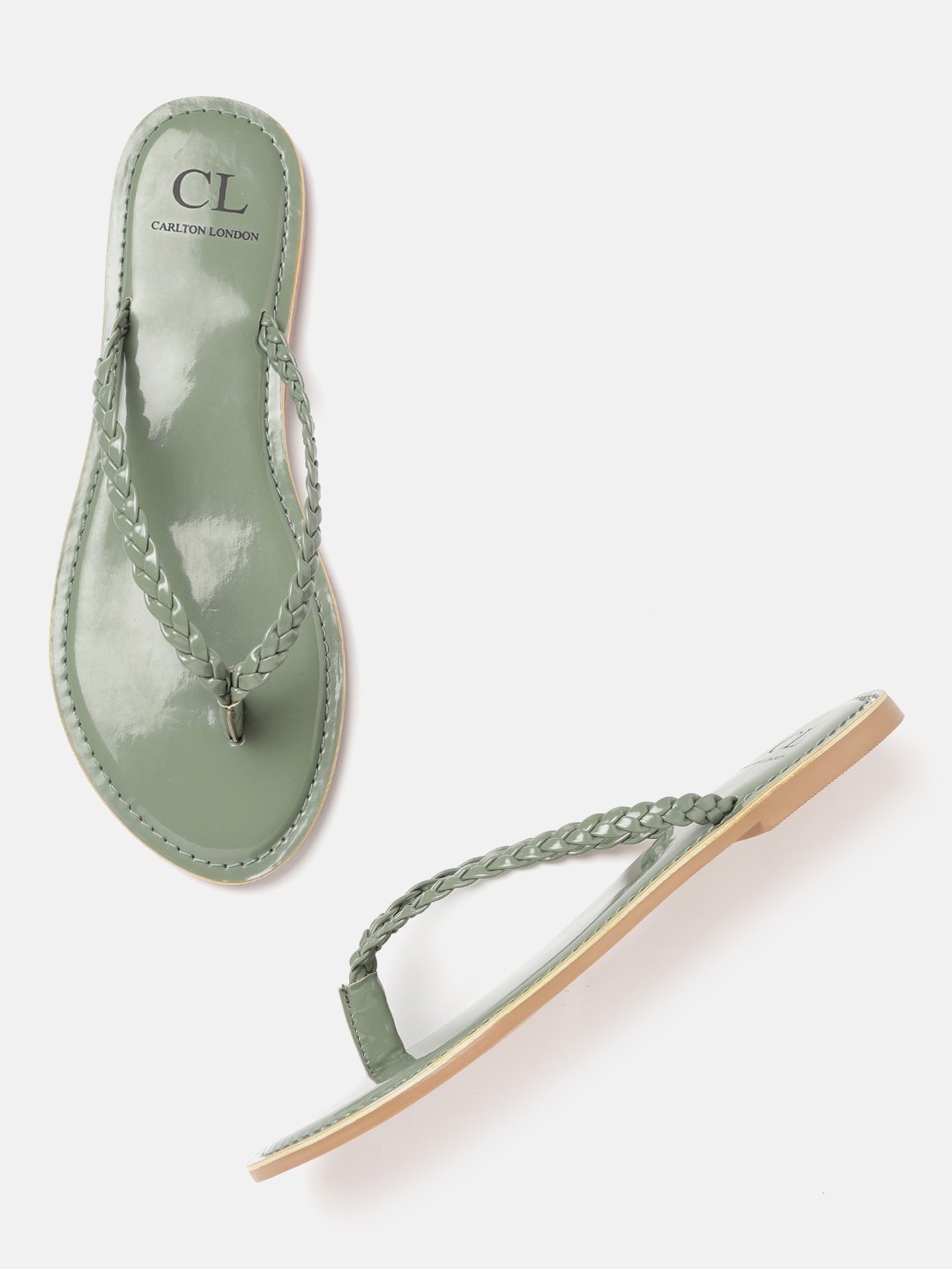 

Carlton London Women Olive Green Braided Woven Design Open Toe Flats