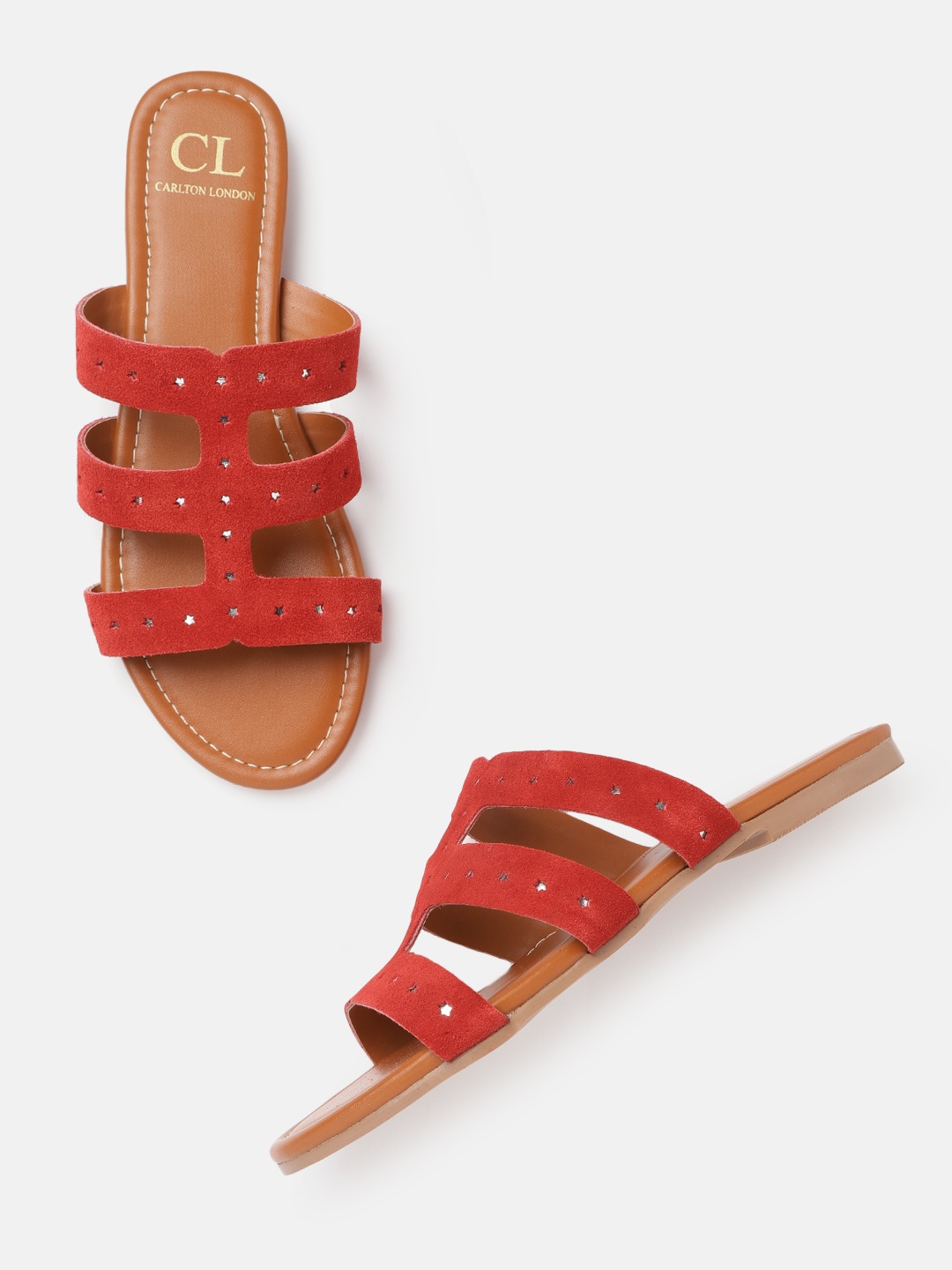 

Carlton London Women Red & Silver-Toned Star Laser Cut Open Toe Flats with Suede Finish