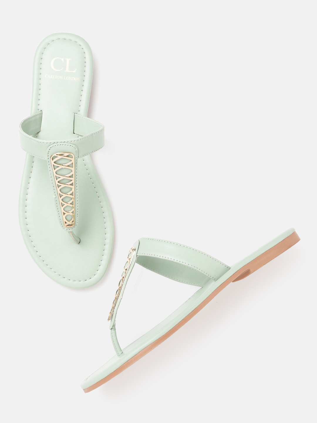 

Carlton London Women Mint Green & Gold-Toned Embellished Open Toe Flats