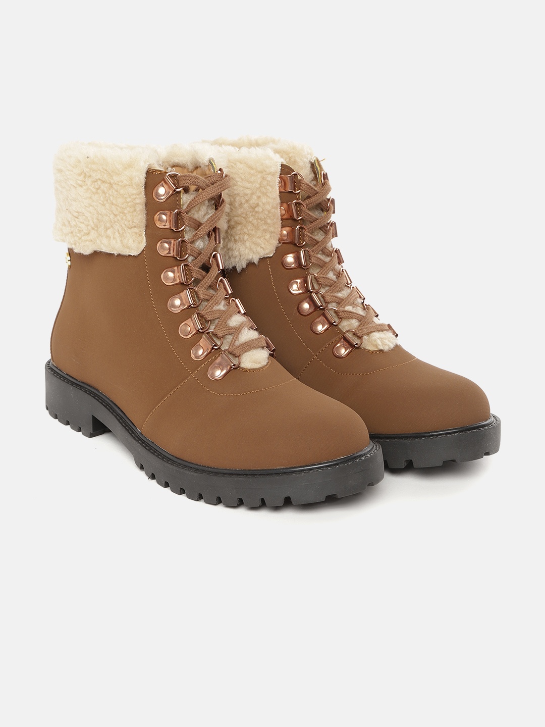 

Carlton London Women Brown & Beige Faux Fur Flat Boots