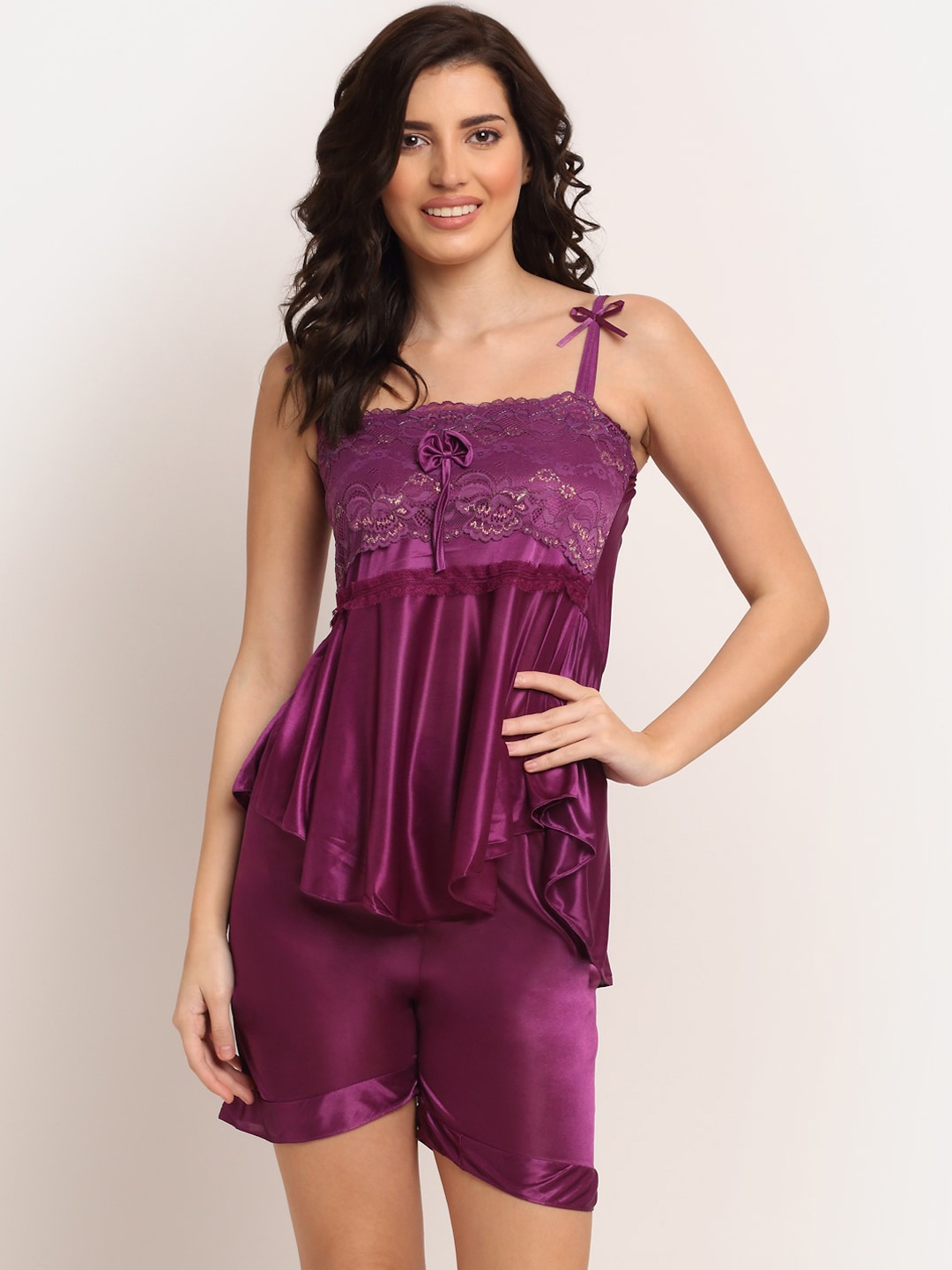 

Laceandme Women Purple Striped Night suit