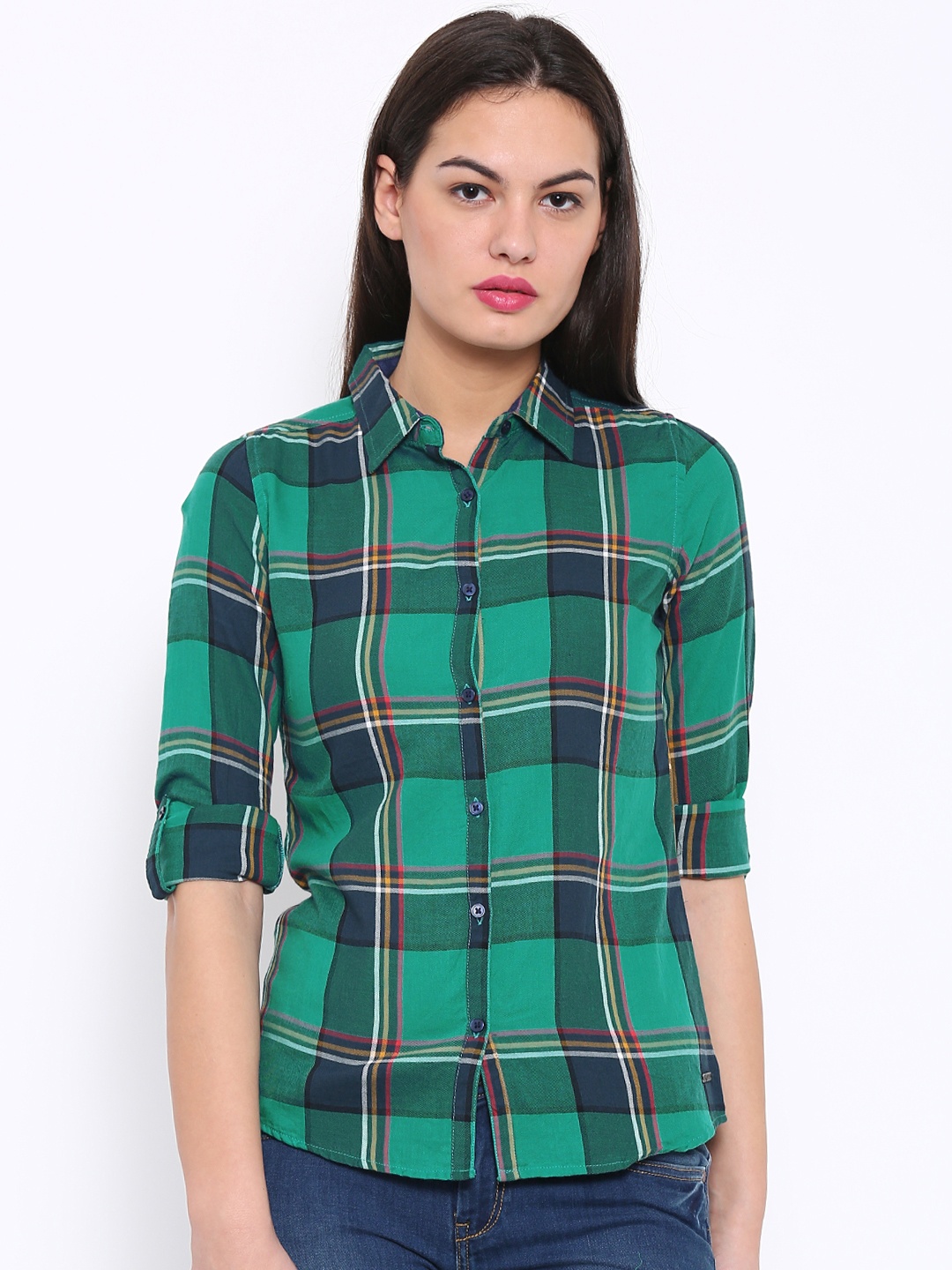 

Flying Machine Women Green Regular Fit Checked Casual Shirt