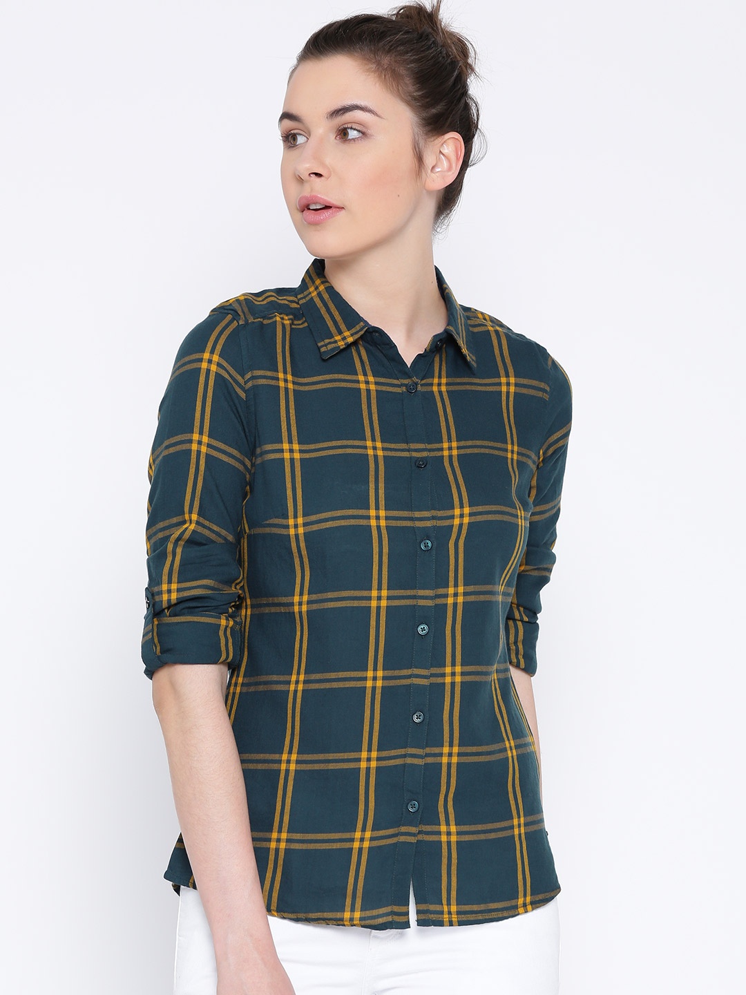 

Flying Machine Women Teal Checked Casual Shirt