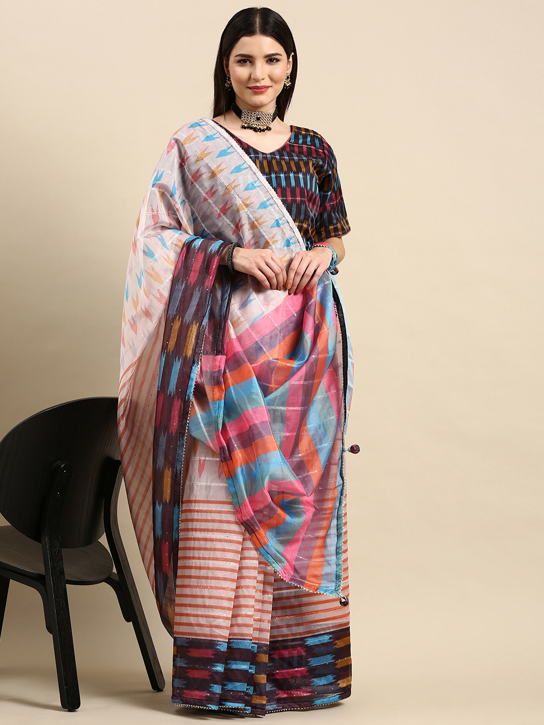 

all about you Multicoloured Colourblocked Organza Saree, Multi