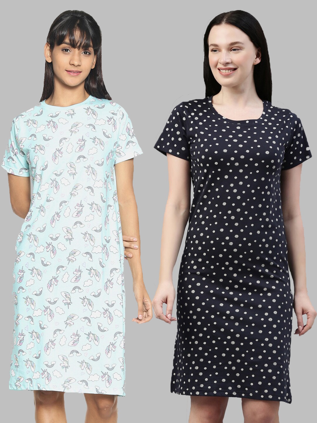 

Kryptic Women Pack Of 2 Printed Pure Cotton T Shirt Nightdress, Blue