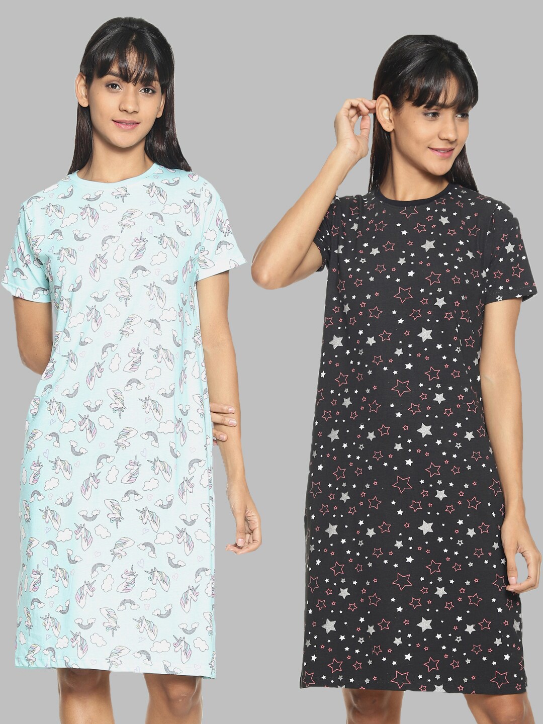 

Kryptic Women Pack Of 2 Pure Cotton Nightdresses, Turquoise blue