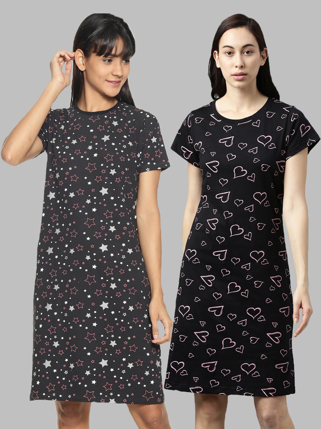 

Kryptic Pack Of 2 Printed Pure Cotton Nightdress, Black