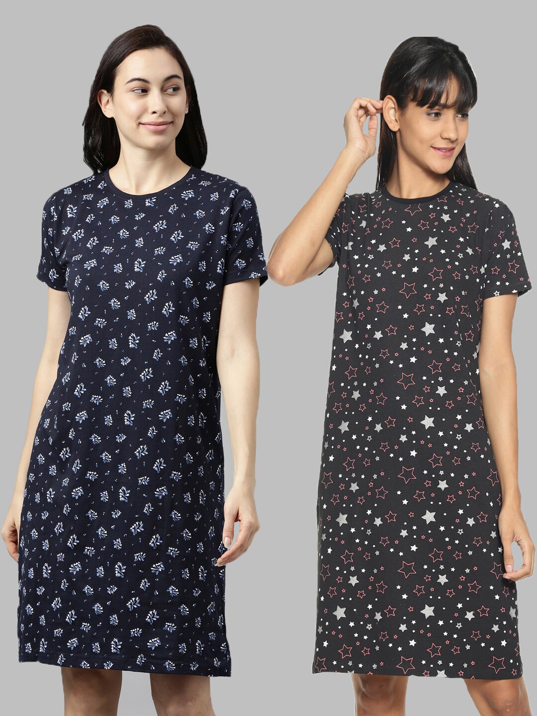 

Kryptic Pack Of 2 Navy Blue & Grey Printed Pure Cotton Nightdress