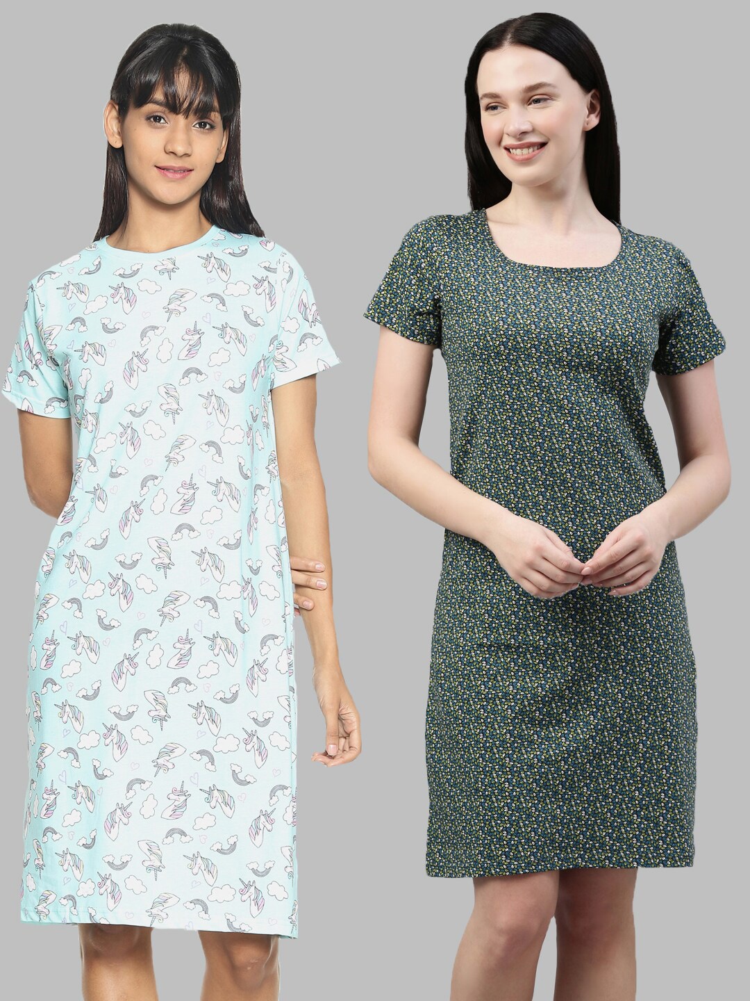 

Kryptic Pack of 2 Turquoise Blue & Green Printed Pure Cotton T-shirt Nightdress