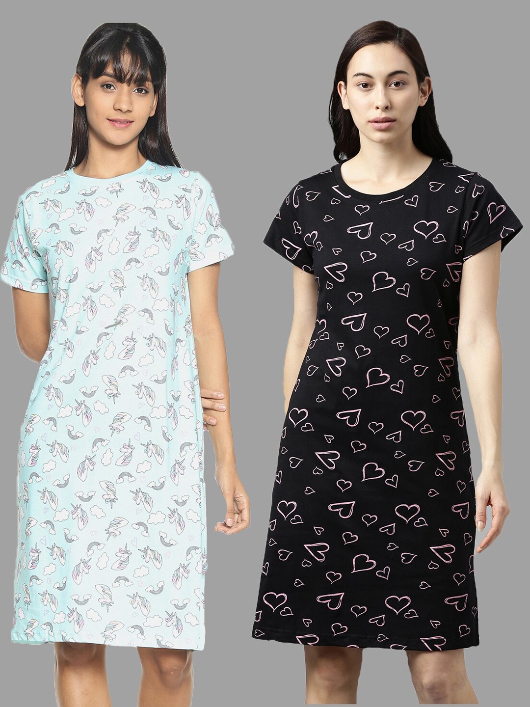 

Kryptic Pack of 2 Turquoise Blue & Black Pure Cotton Printed Nightdress