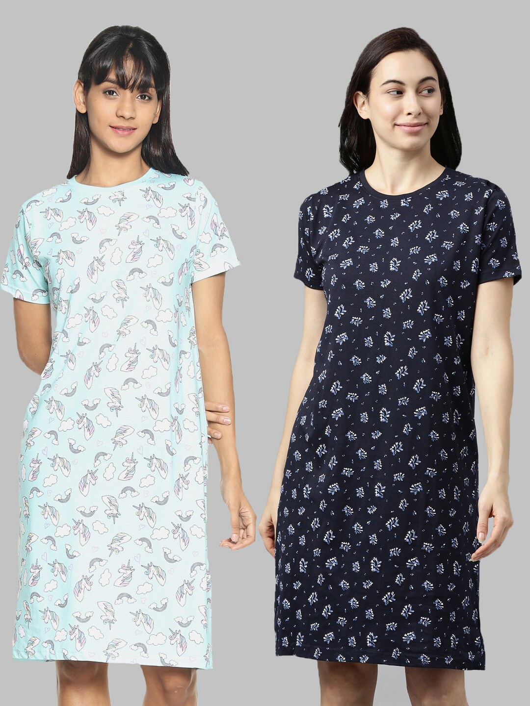 

Kryptic Women Pure Cotton Sea Green & Navy Blue Set Of 2 Printed Nightdress