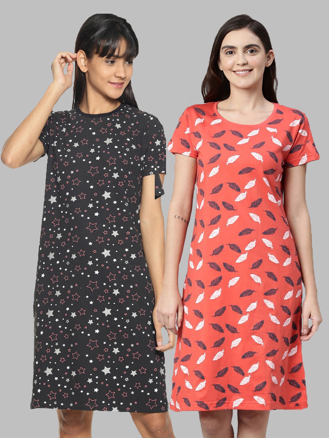 

Kryptic Pack Of 2 Printed Pure Cotton Nightdress, Black