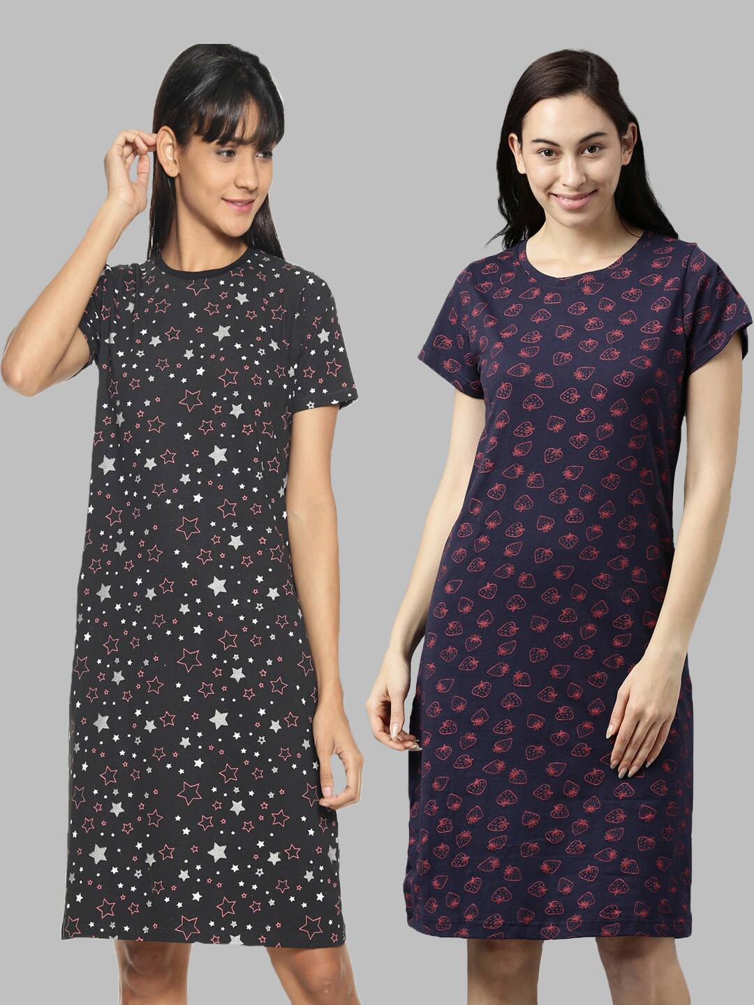 

Kryptic Pack Of 2 Black & Navy Blue Printed Pure Cotton Nightdress