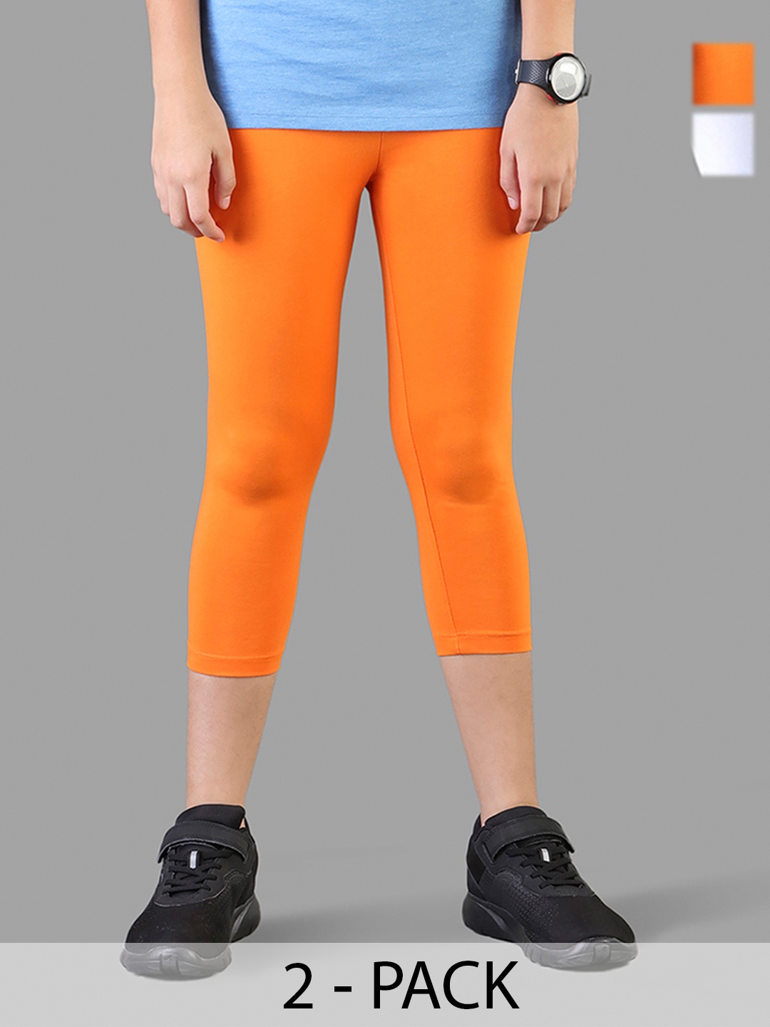 

TWIN BIRDS Girls Pack Of 2 Solid Cotton Three-Fourth Length Leggings, Orange