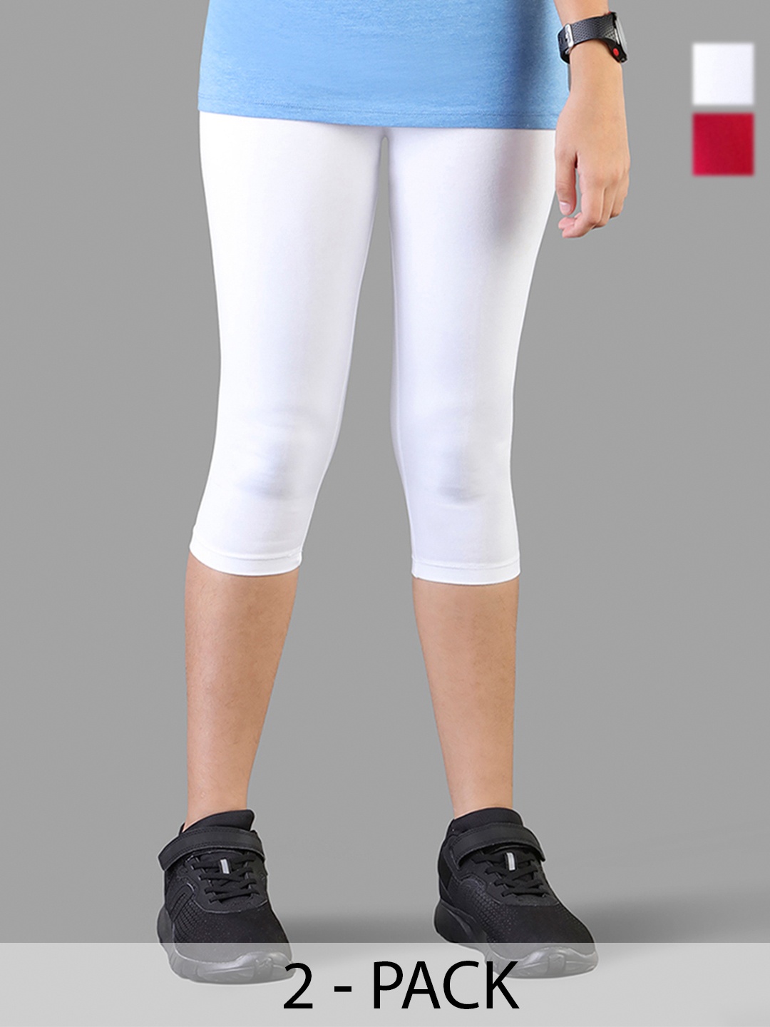 

TWIN BIRDS Girls Pack of 2 Solid Three Fourth Length Pure Cotton Legging, White