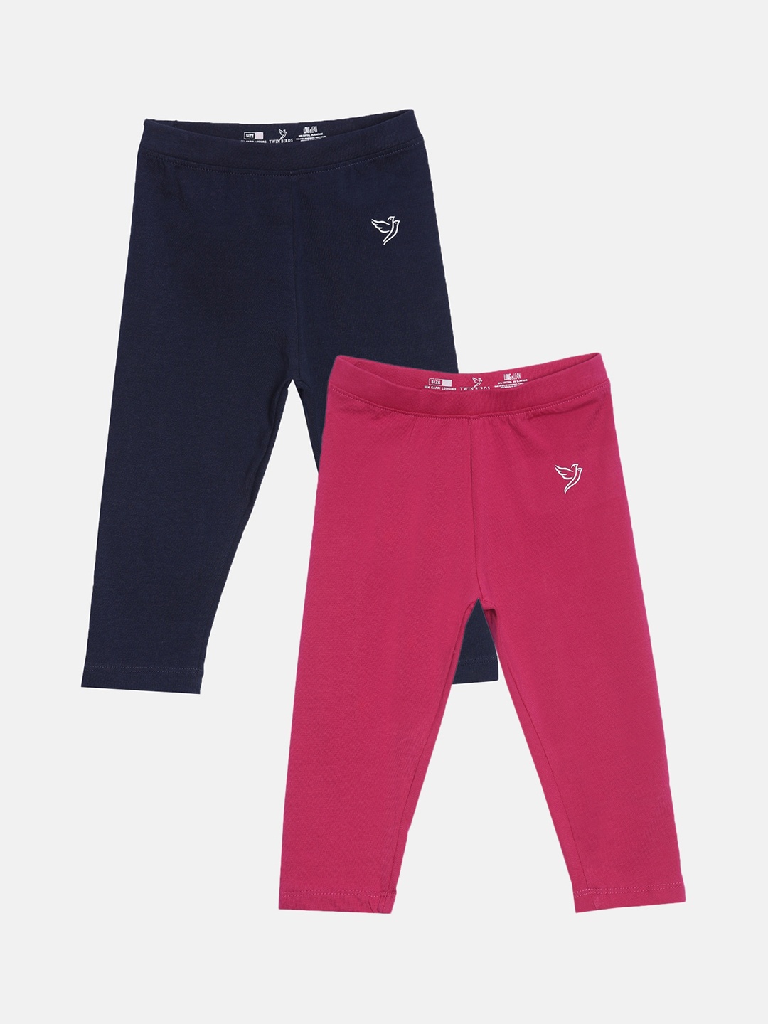 

TWIN BIRDS Girls Pack Of 2 Solid Pure Cotton Three Fourth-Length Leggings, Pink