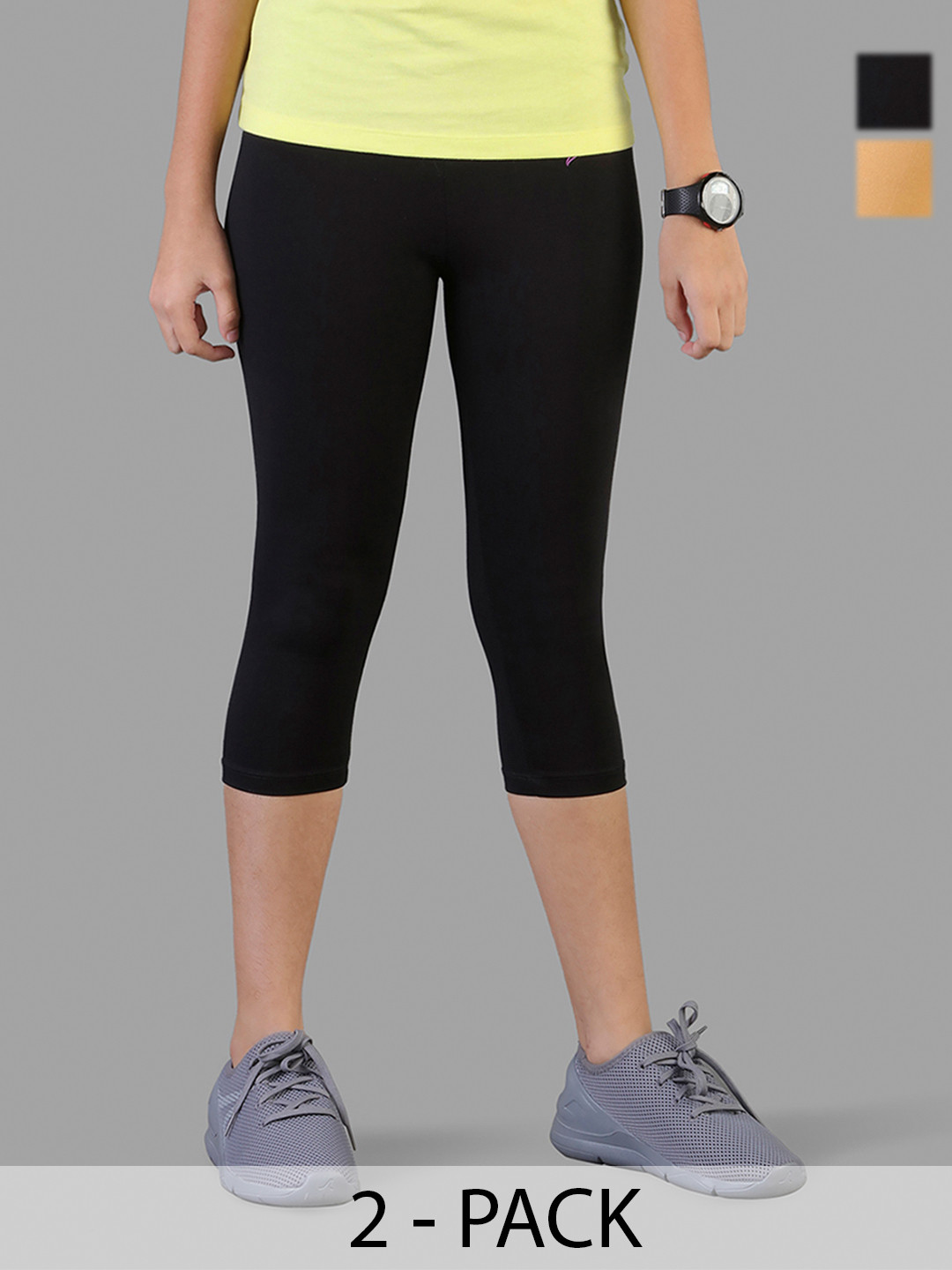 

TWIN BIRDS Girls Pack Of 2 Solid Pure Cotton Three Fourth-Length Leggings, Beige