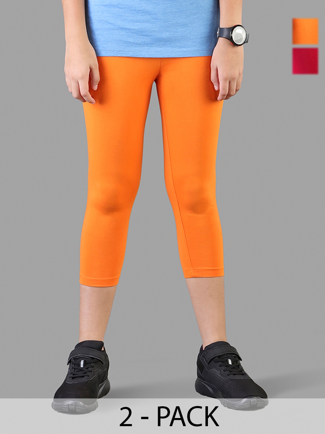 

TWIN BIRDS Girls Pack Of 2 Solid Pure Cotton Three-Fourth Length Leggings, Orange