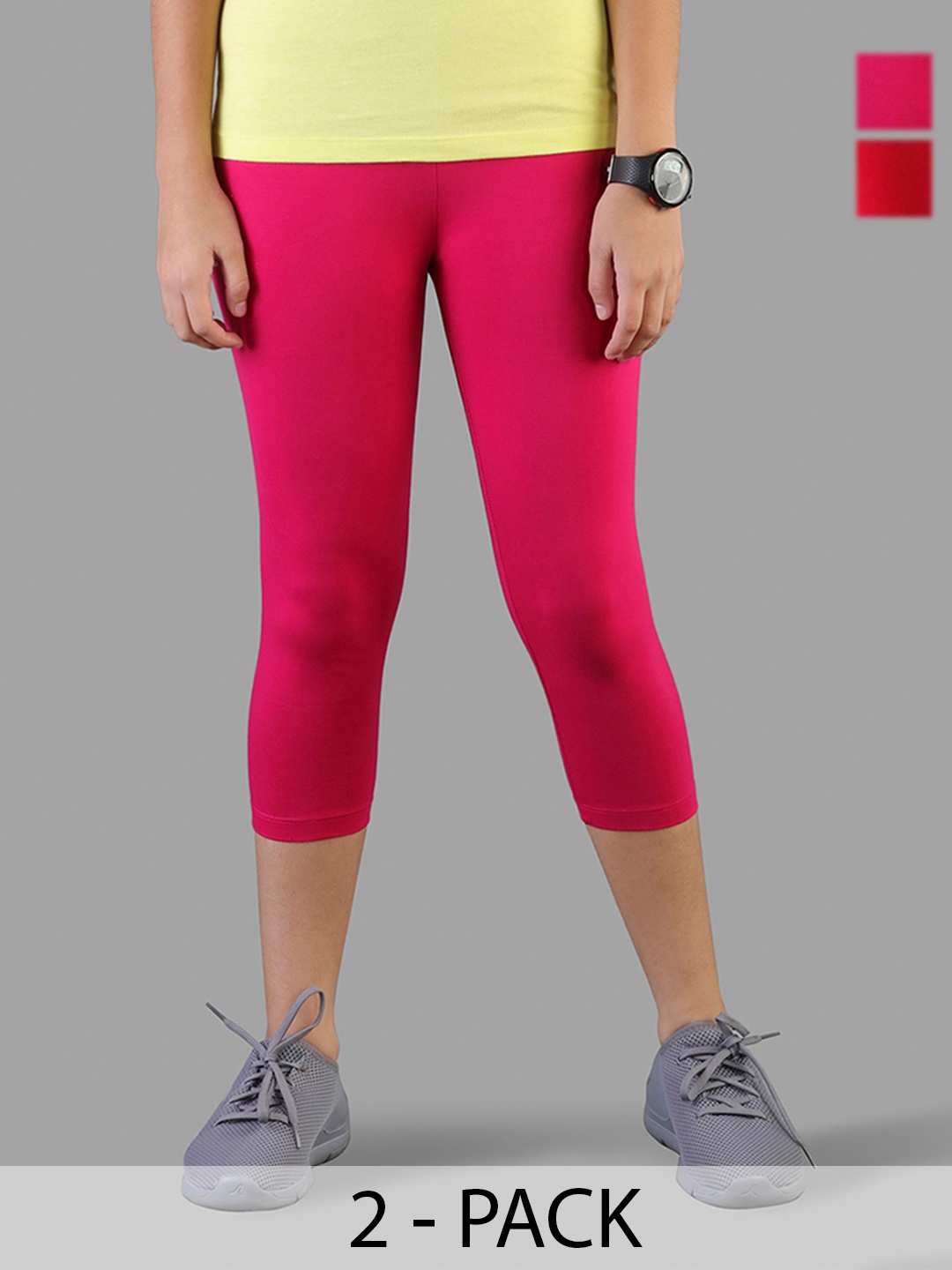 

TWIN BIRDS Girls Pack Of 2 Solid Pure Cotton Three Fourth-Length Leggings, Pink