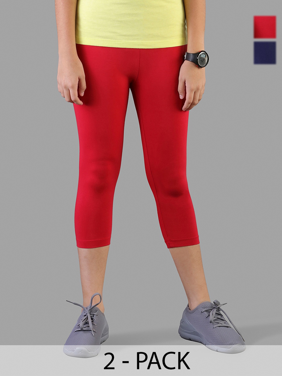 

TWIN BIRDS Girls Pack Of 2 Solid Pure Cotton Three Fourth-Length Leggings, Red