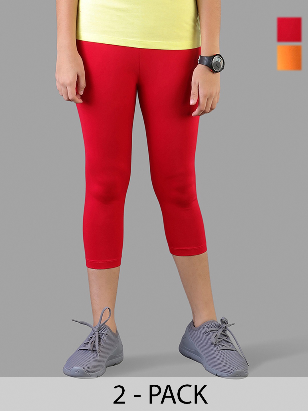 

TWIN BIRDS Girls Pack Of 2 Solid Pure Cotton Three Fourth-Length Leggings, Red