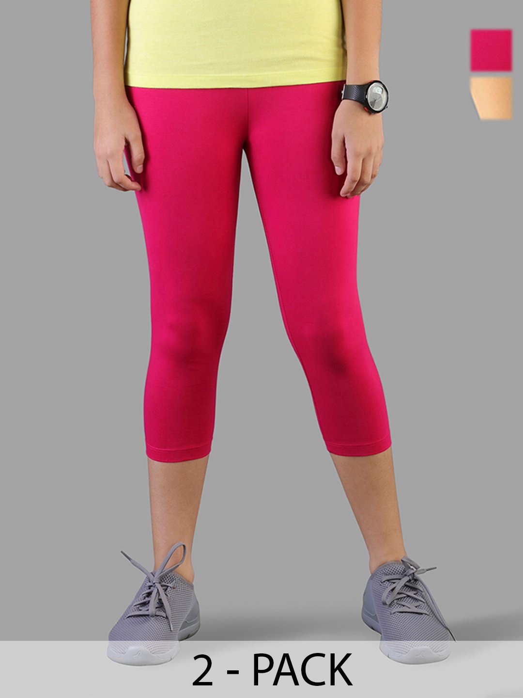 

TWIN BIRDS Girls Pack Of 2 Solid Pure Cotton Three-Fourth Length Leggings, Pink