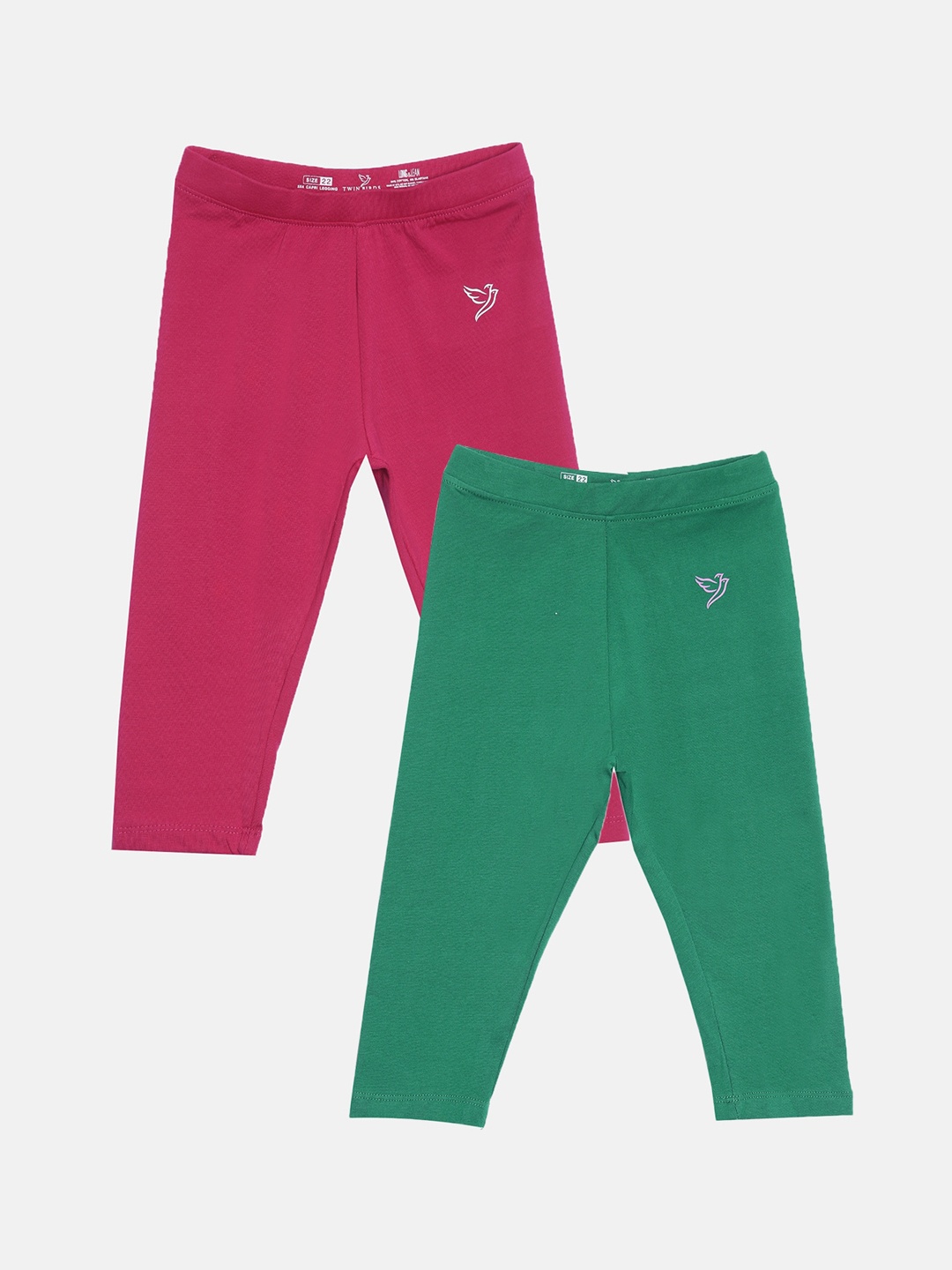 

TWIN BIRDS Girls Pack Of 2 Pink & Green Solid Three-Fourth Pure Cotton Leggings