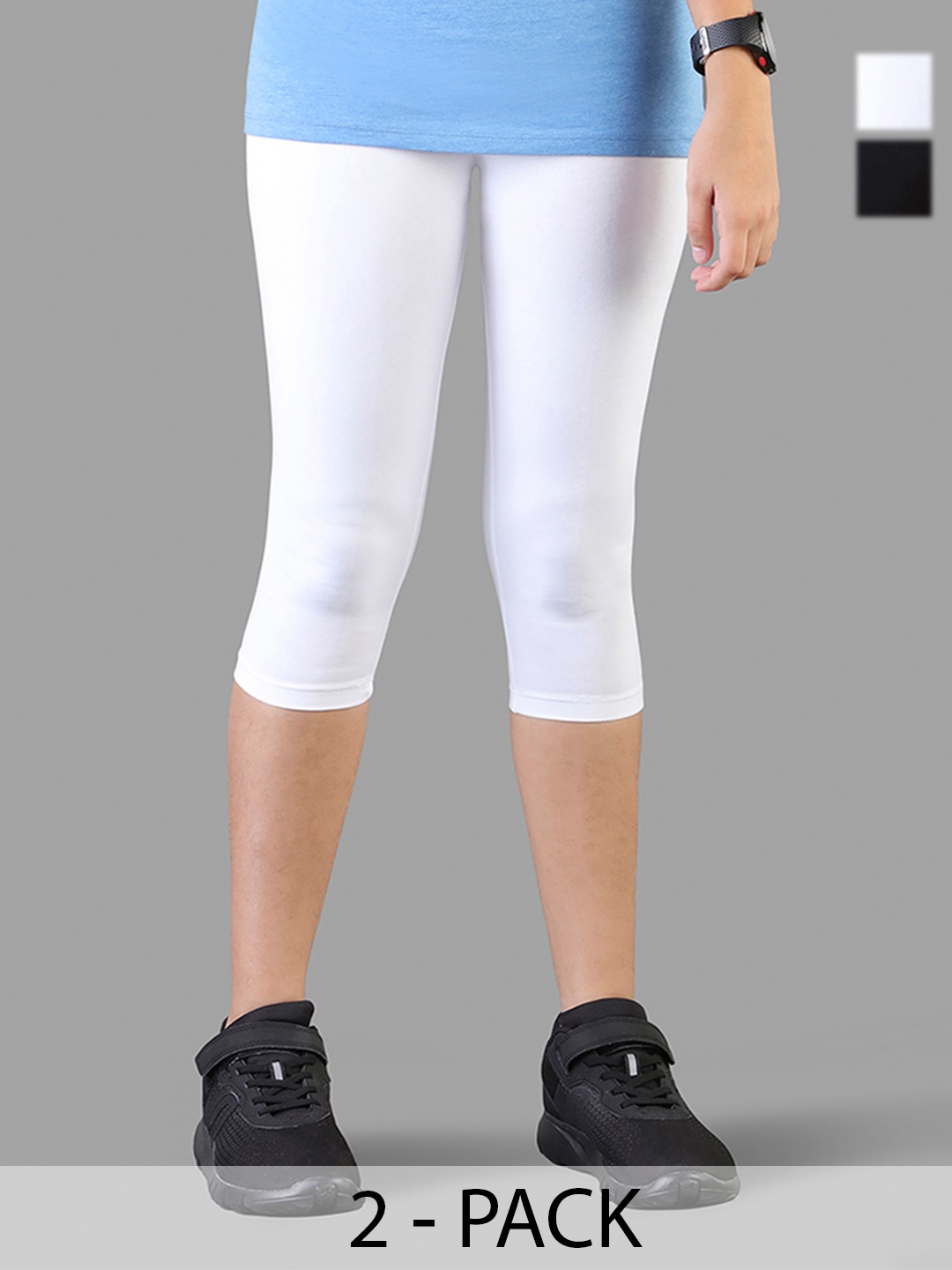 

TWIN BIRDS Girls Pack Of 2 Solid Pure Cotton Three Fourth-Length Leggings, Black