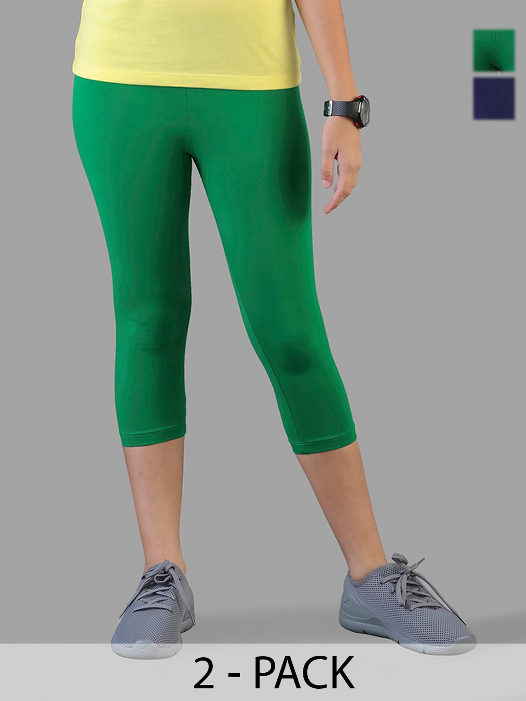 

TWIN BIRDS Girls Pack Of 2 Solid Pure Cotton Three Fourth-Length Leggings, Green